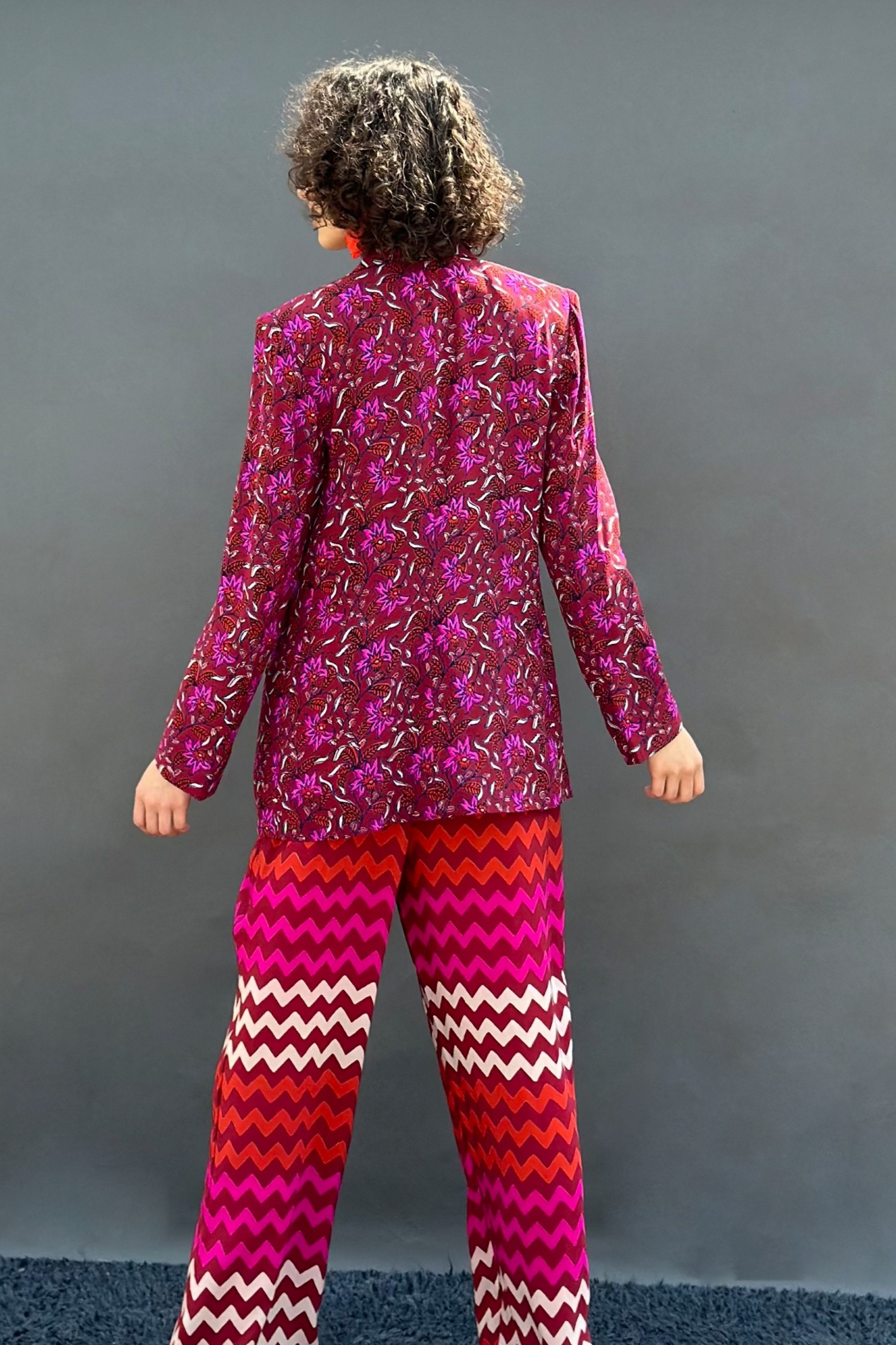 Maroon Floral blazer With Zigzag Stripes Wide Legged Pants