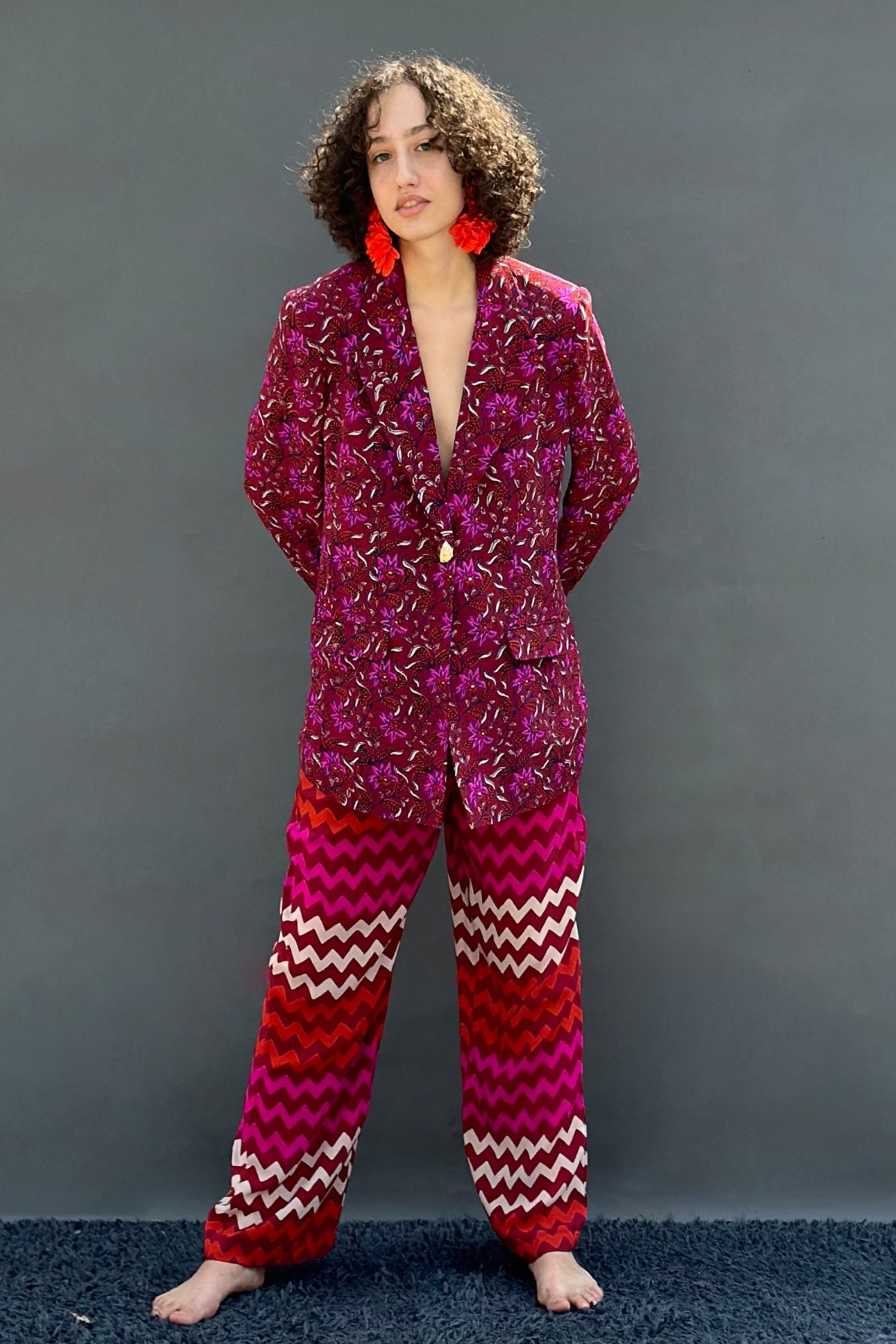 Maroon Floral blazer With Zigzag Stripes Wide Legged Pants