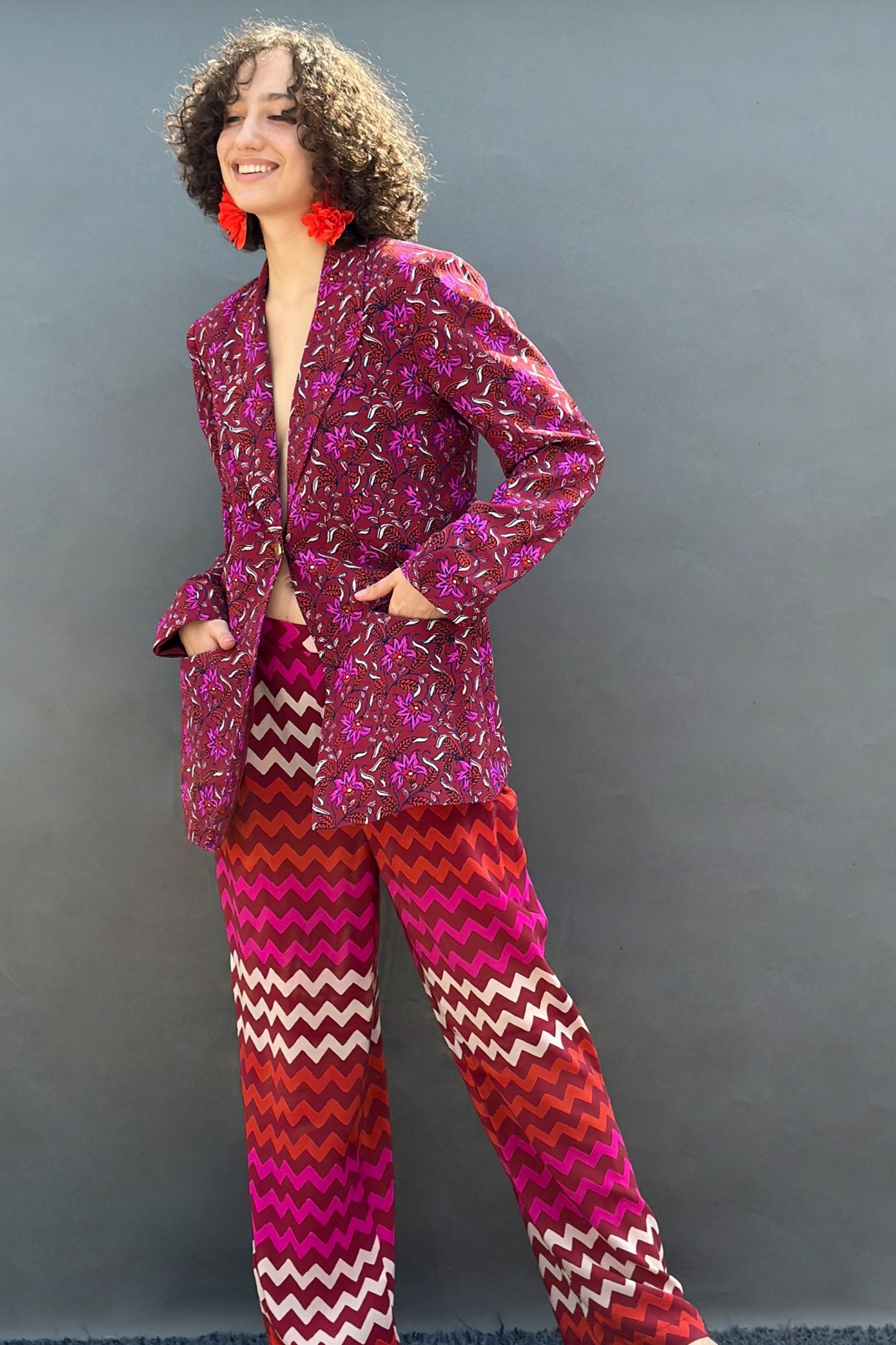 Maroon Floral blazer With Zigzag Stripes Wide Legged Pants