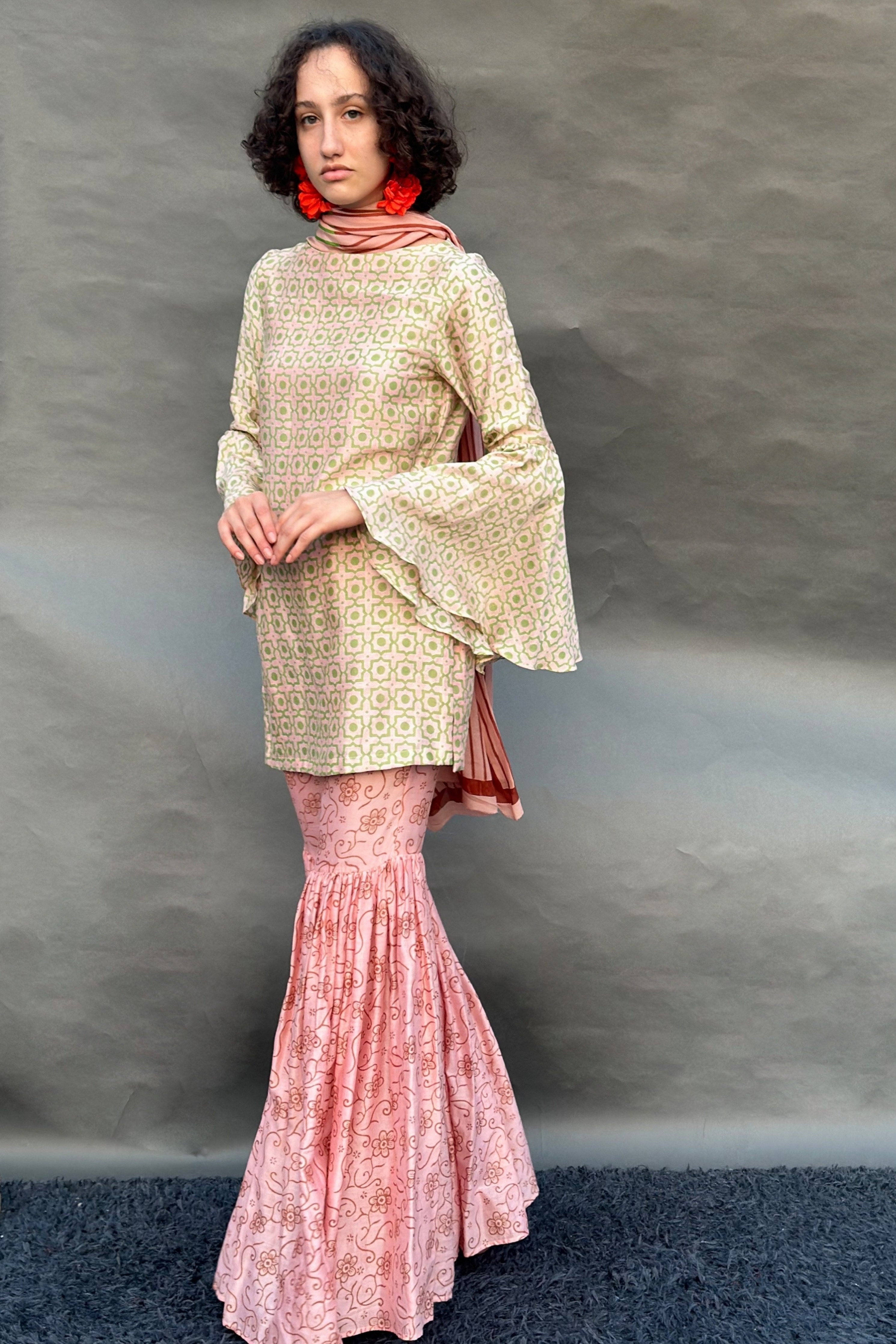 Peach Honeycomb & Floral Print Sharara Set