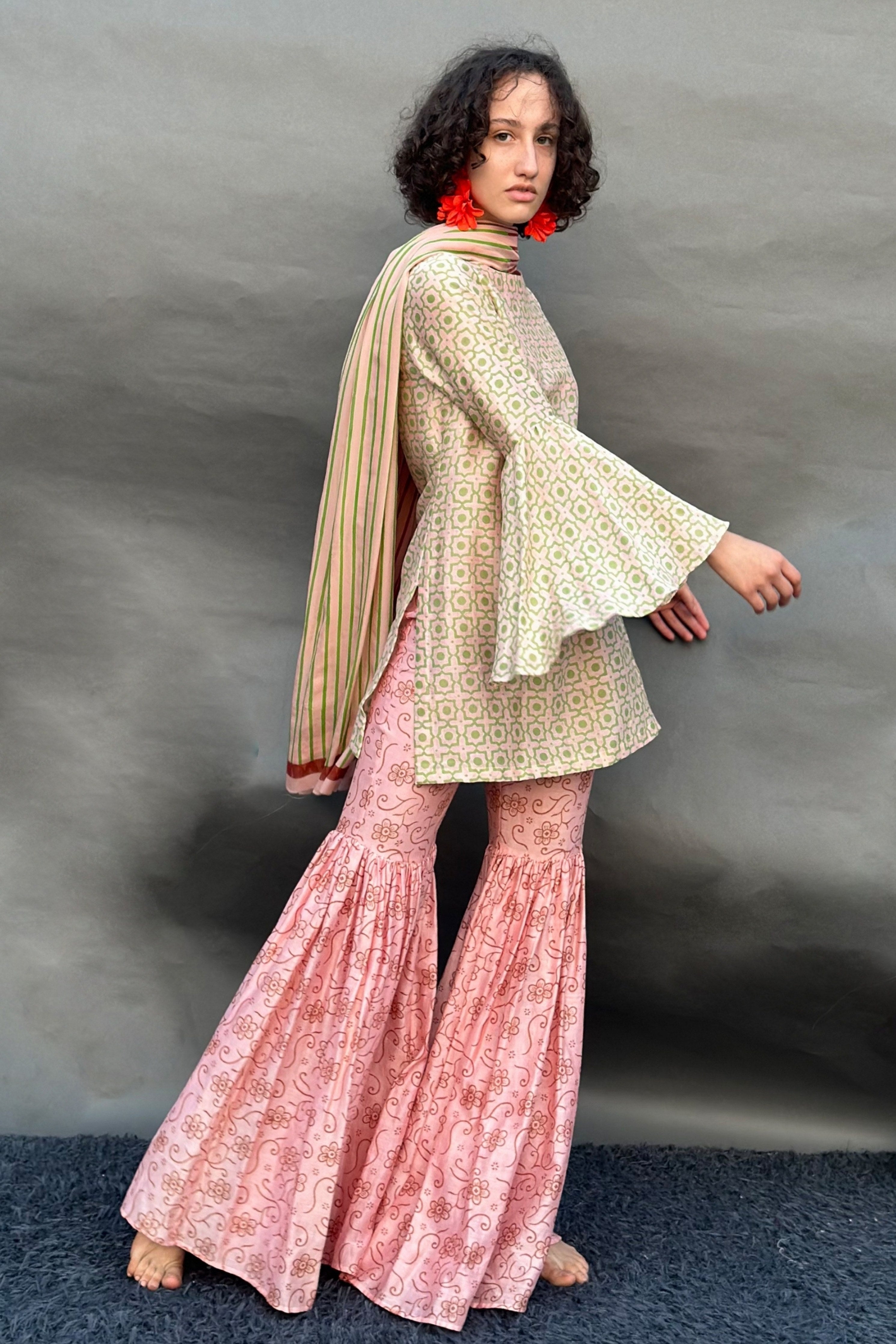 Peach Honeycomb & Floral Print Sharara Set