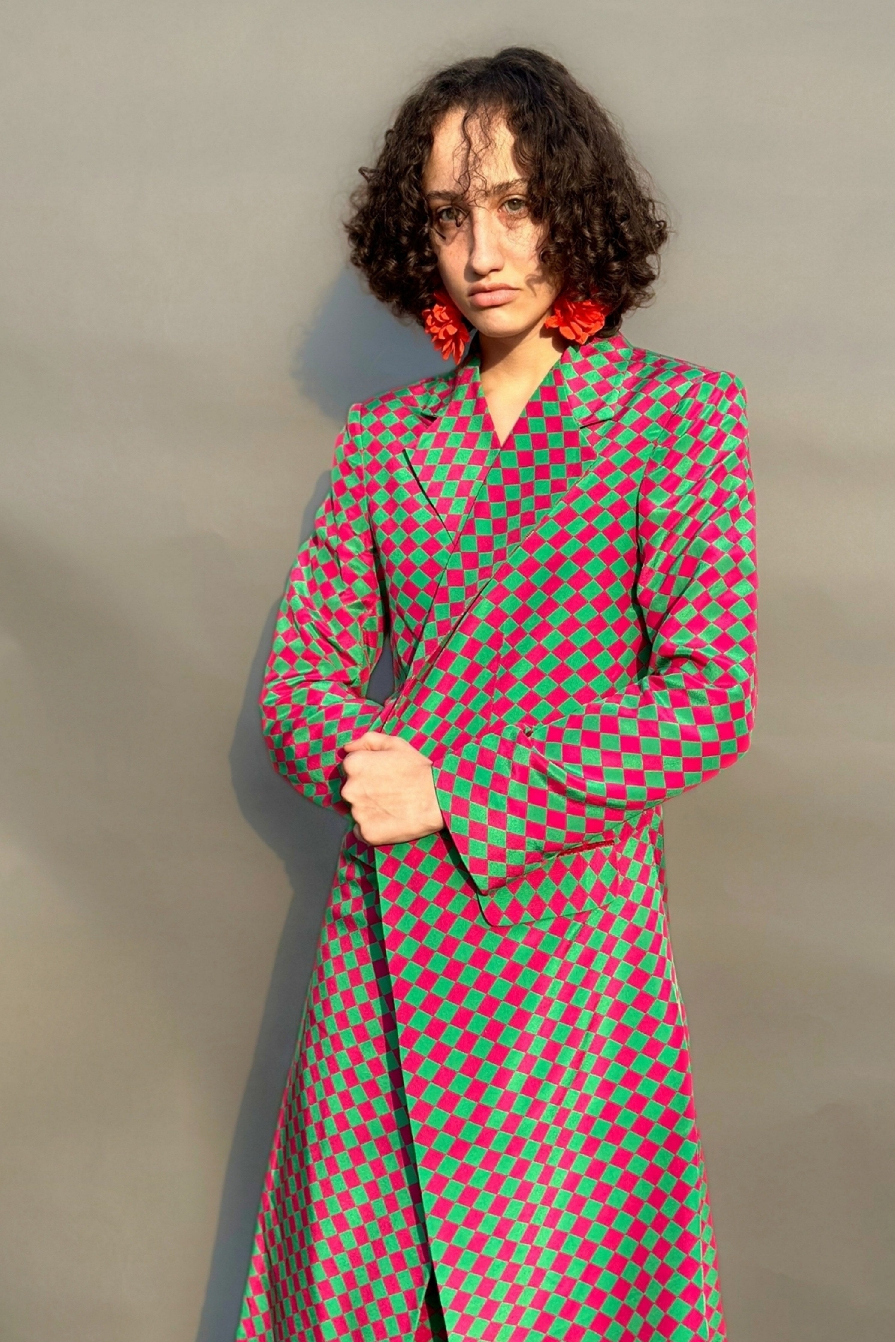 Green & Pink Trench Coat With Camisole And Pants