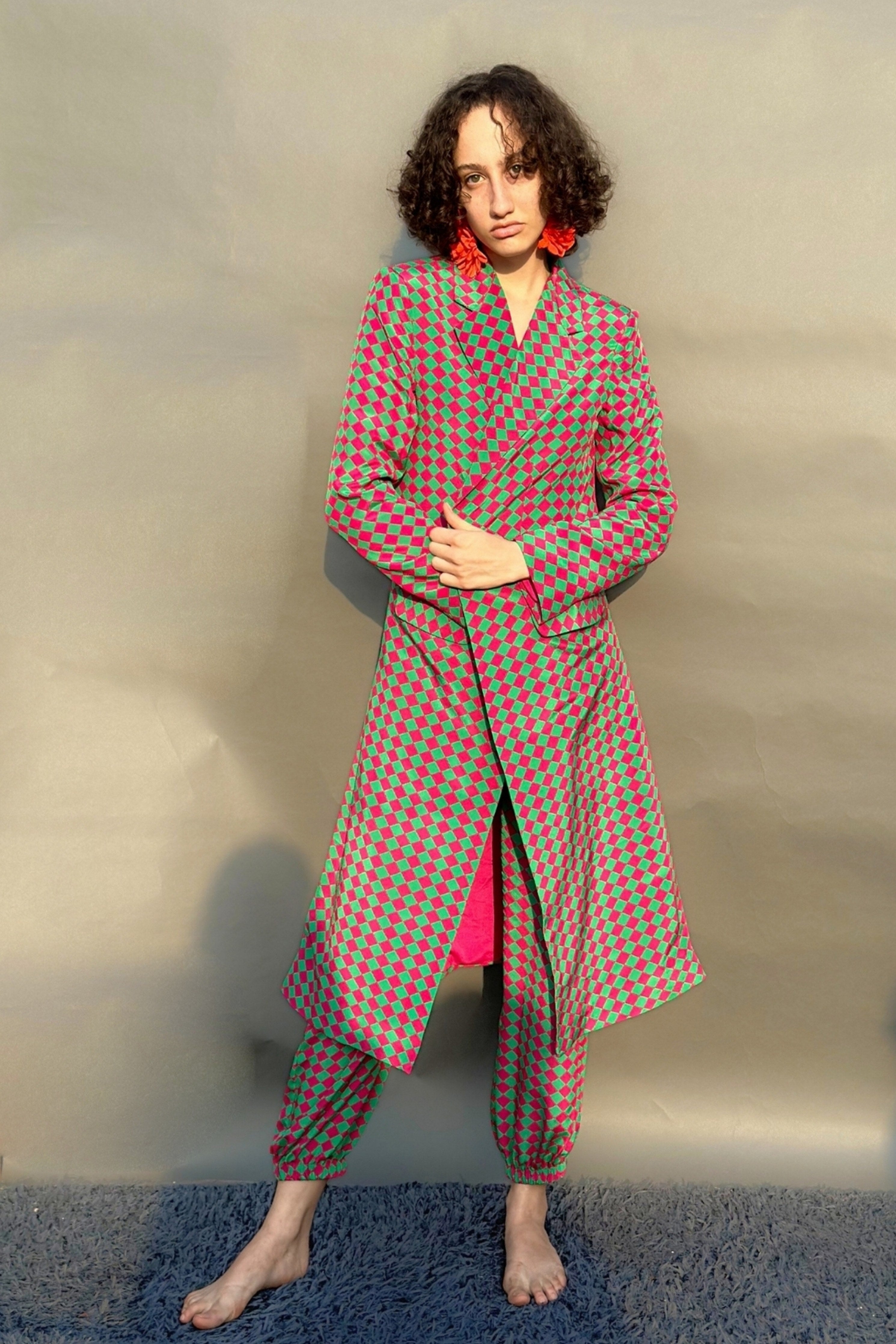 Green & Pink Trench Coat With Camisole And Pants