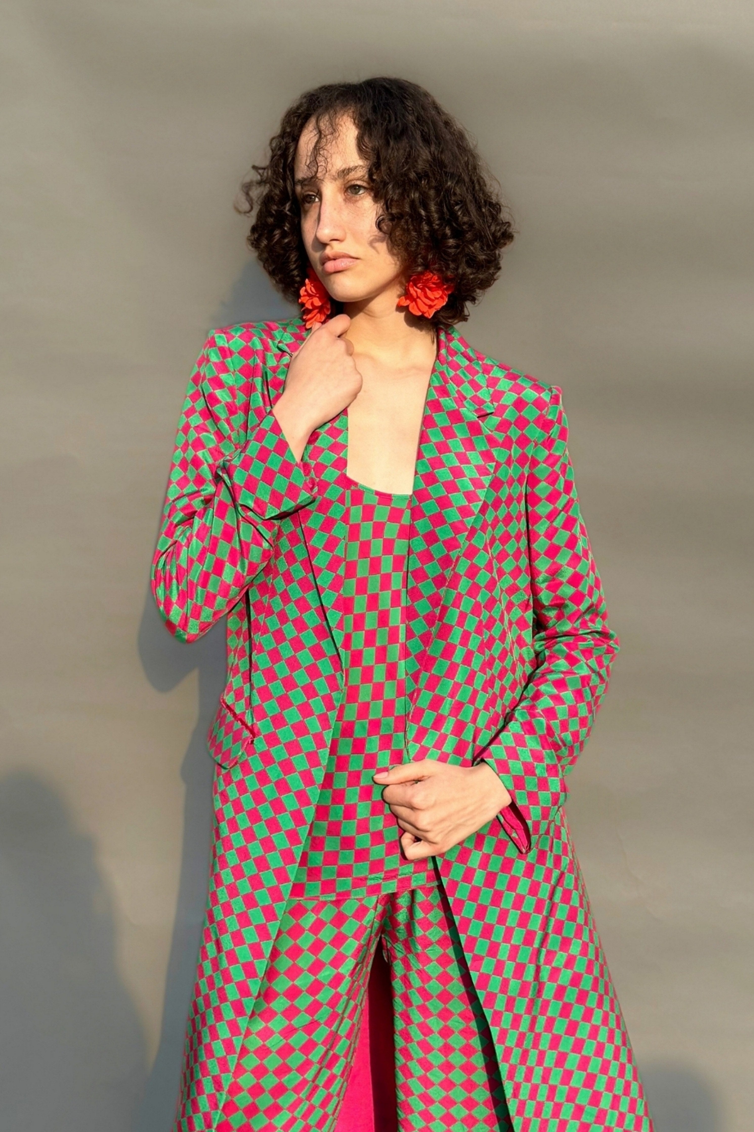 Green & Pink Trench Coat With Camisole And Pants