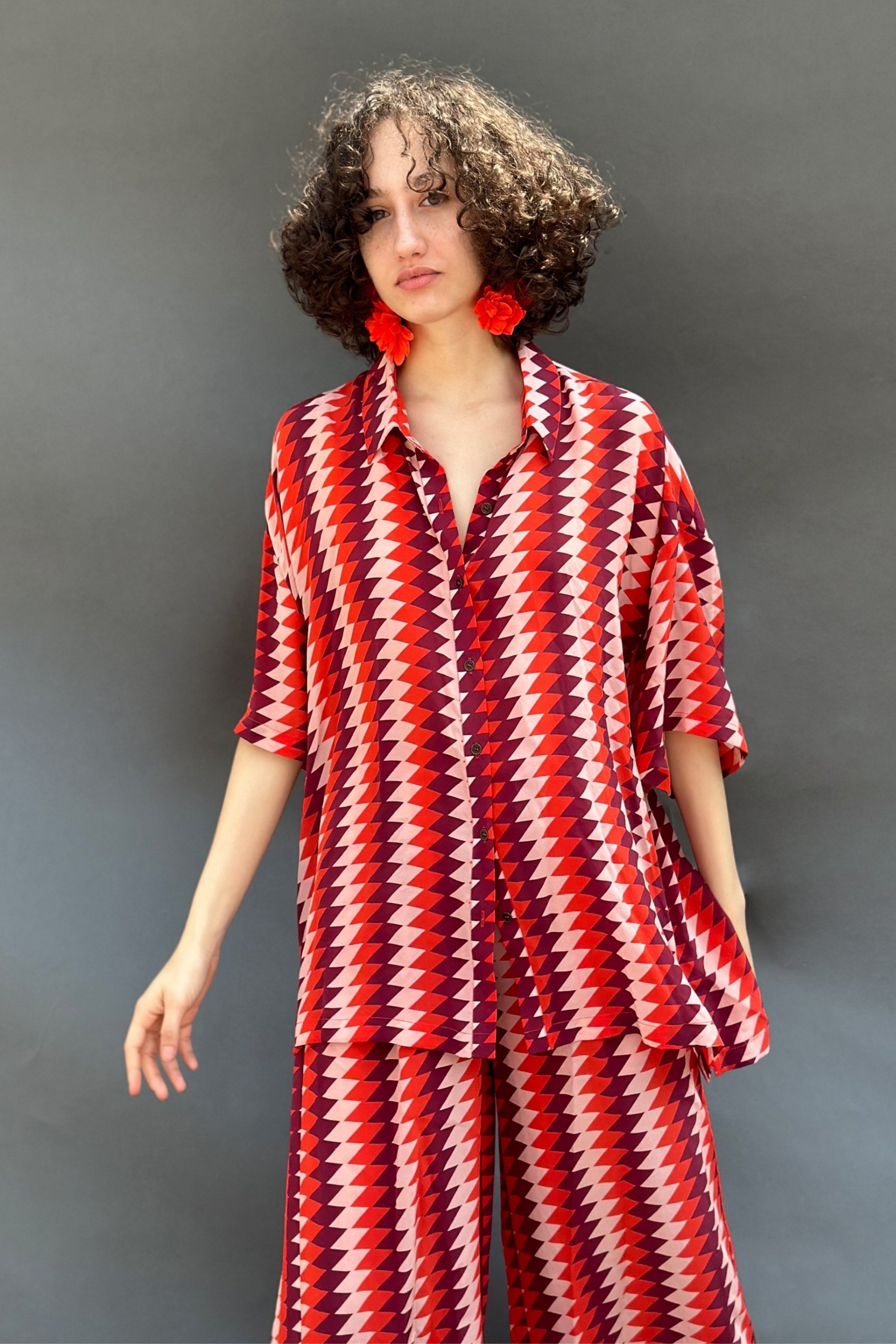 Maroon Zigzag Stripes No Armhole Shirt With Wide Legged Pants