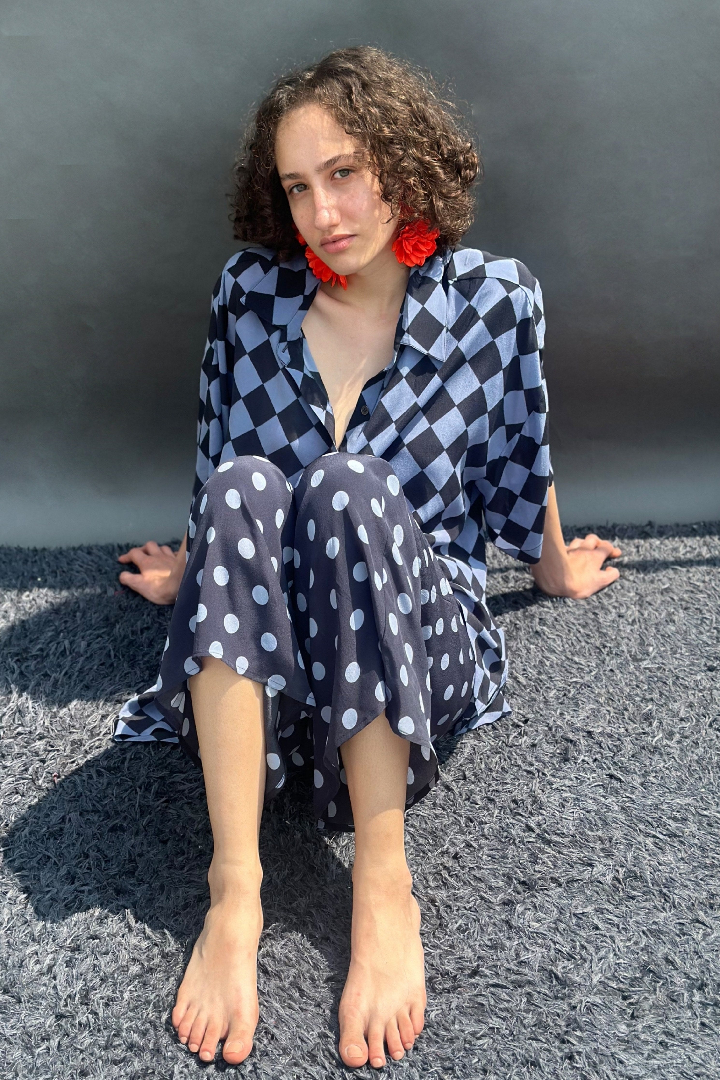 Blue & Black Polka Print No Armhole Shirt & Wide Legged Pants