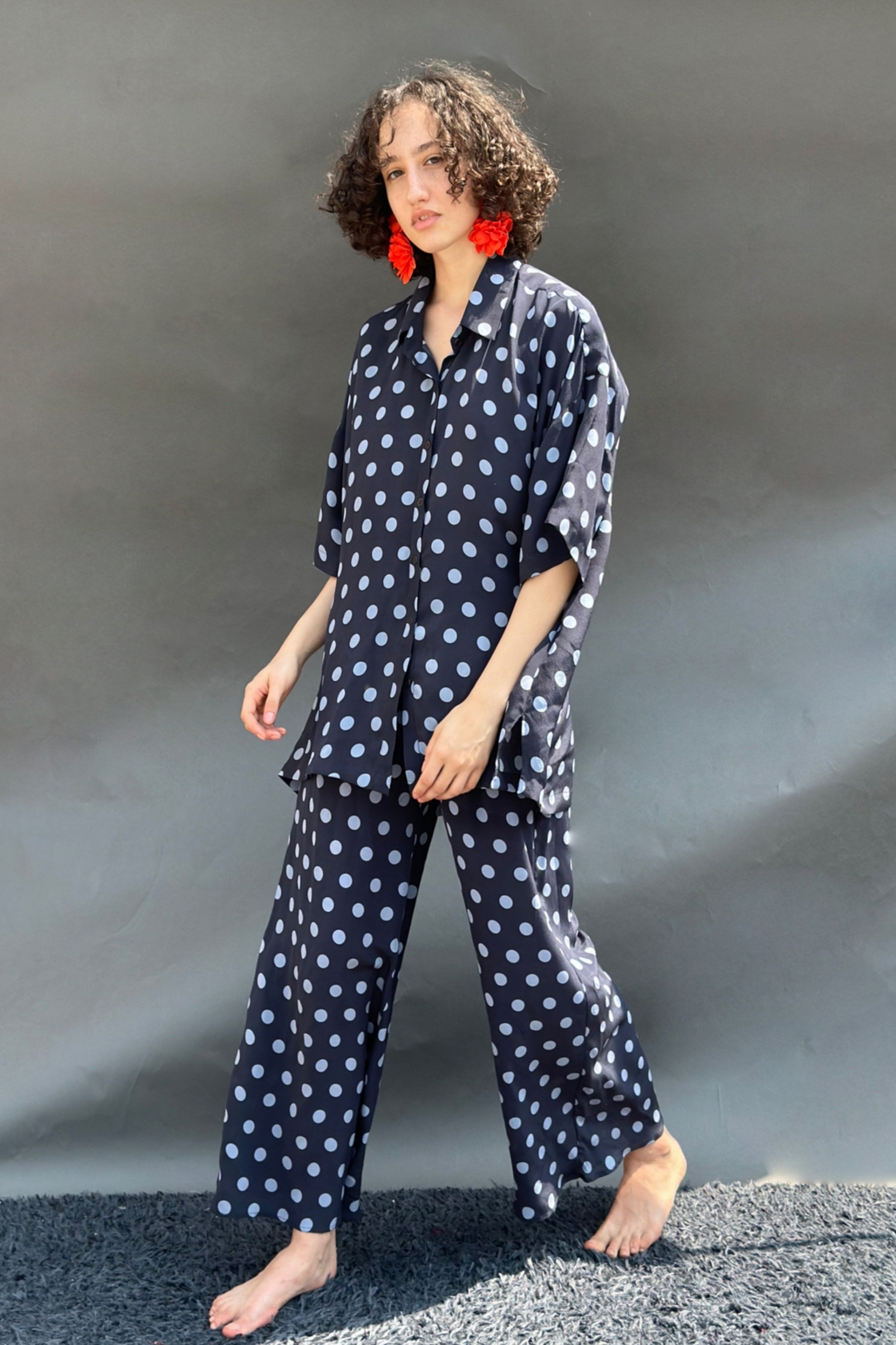 Blue & Black Polka Print No Armhole Shirt & Wide Legged Pants
