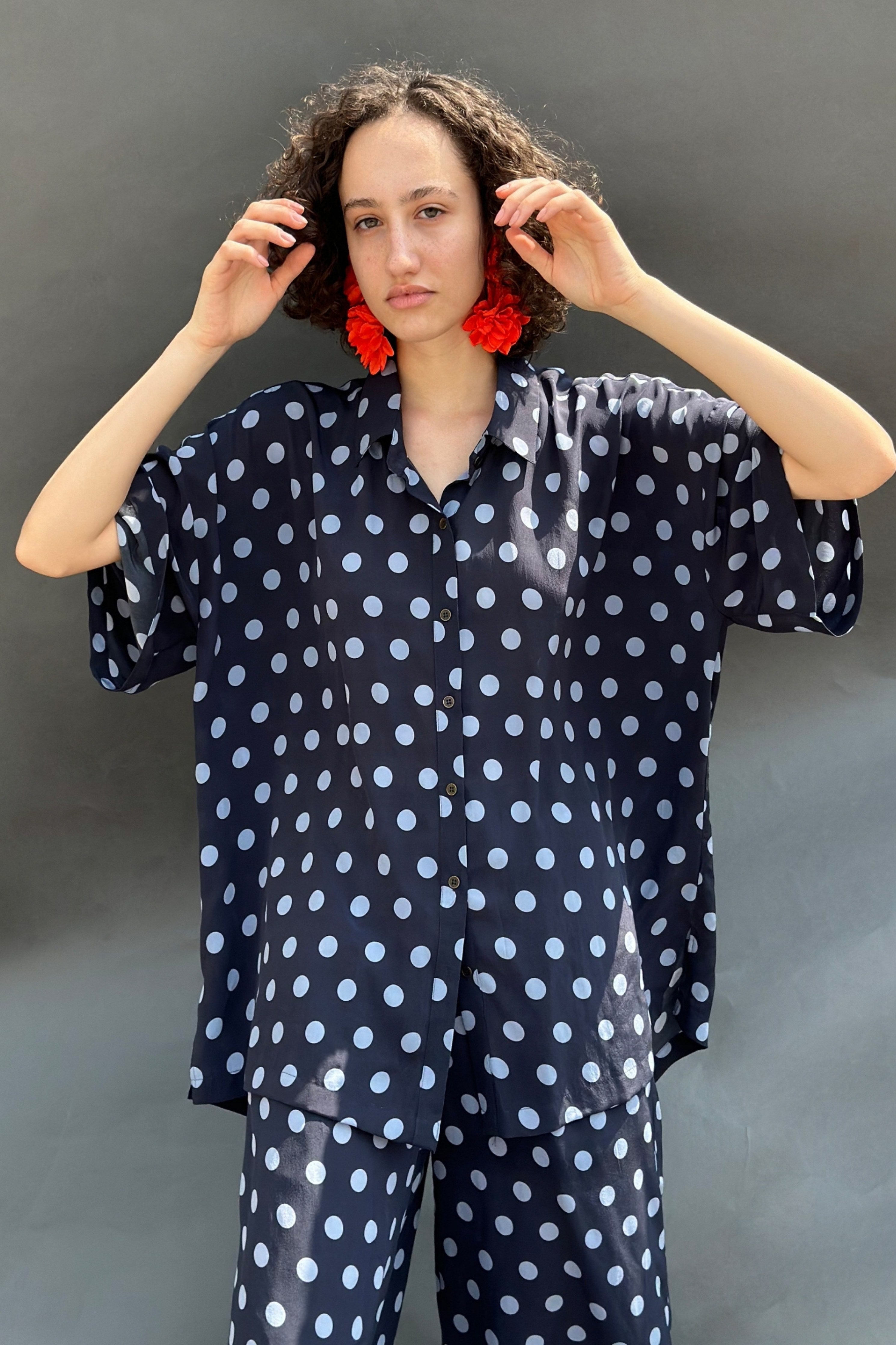 Blue & Black Polka Print No Armhole Shirt & Wide Legged Pants