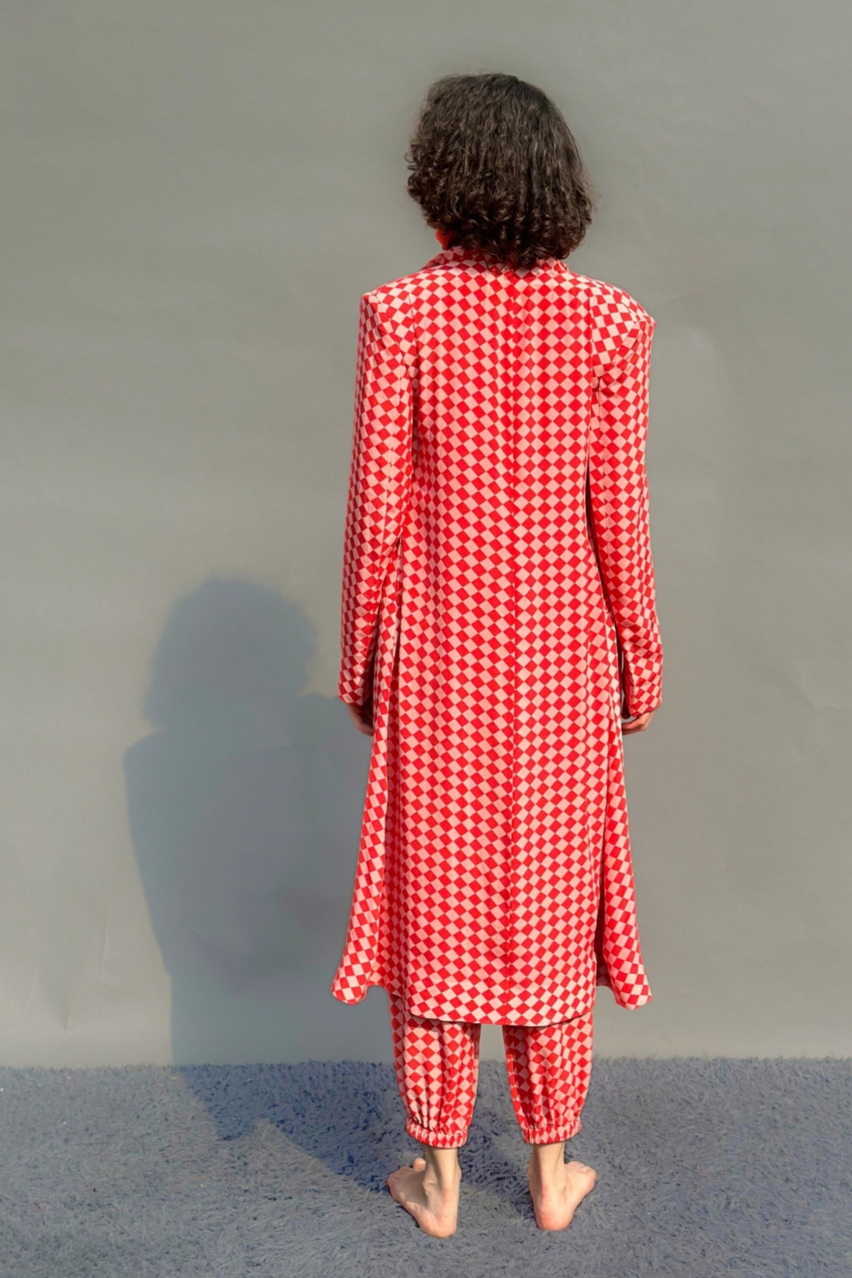 Pink & Red Check Print Trench With Camisole & Balloon Pants