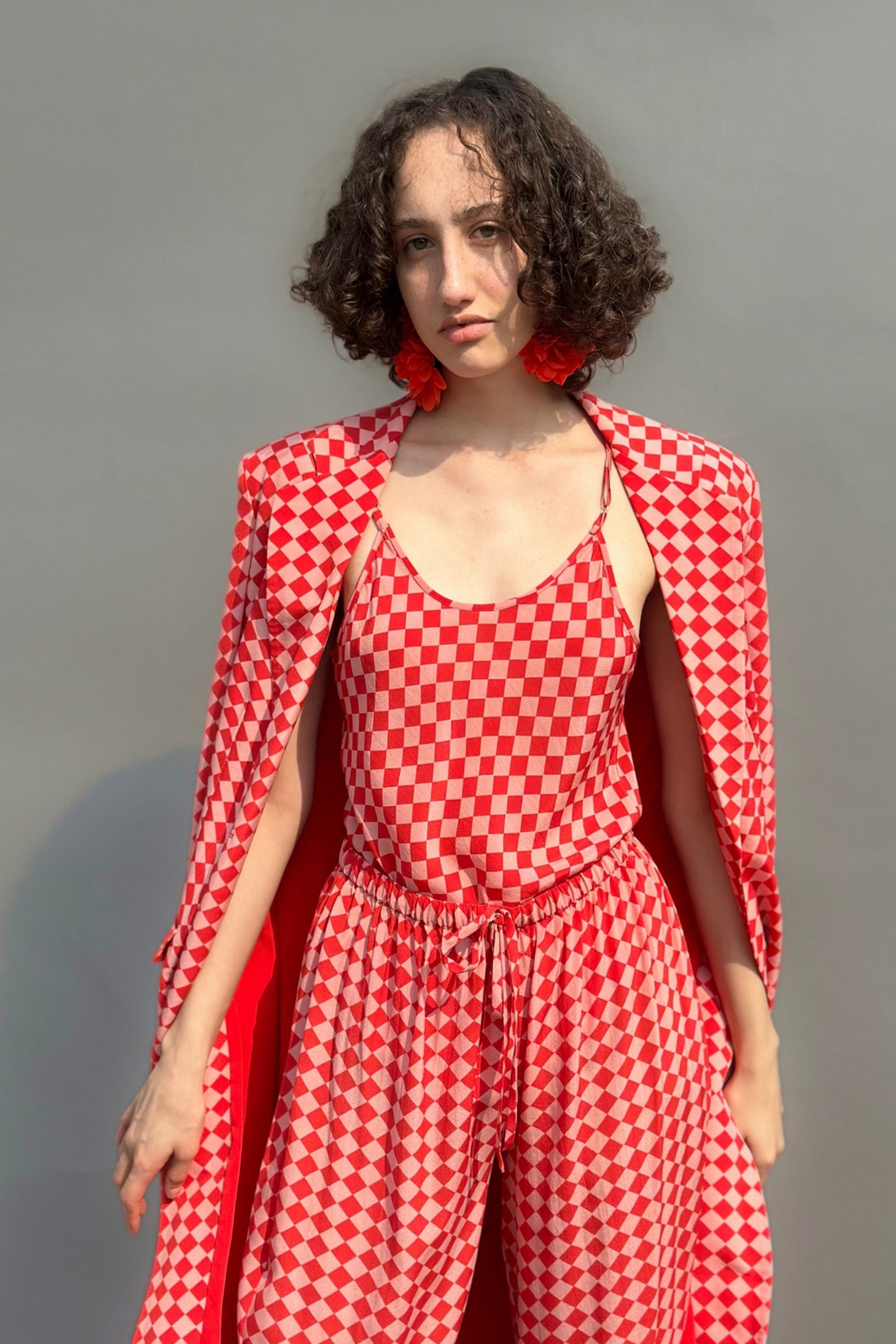 Pink & Red Check Print Trench With Camisole & Balloon Pants