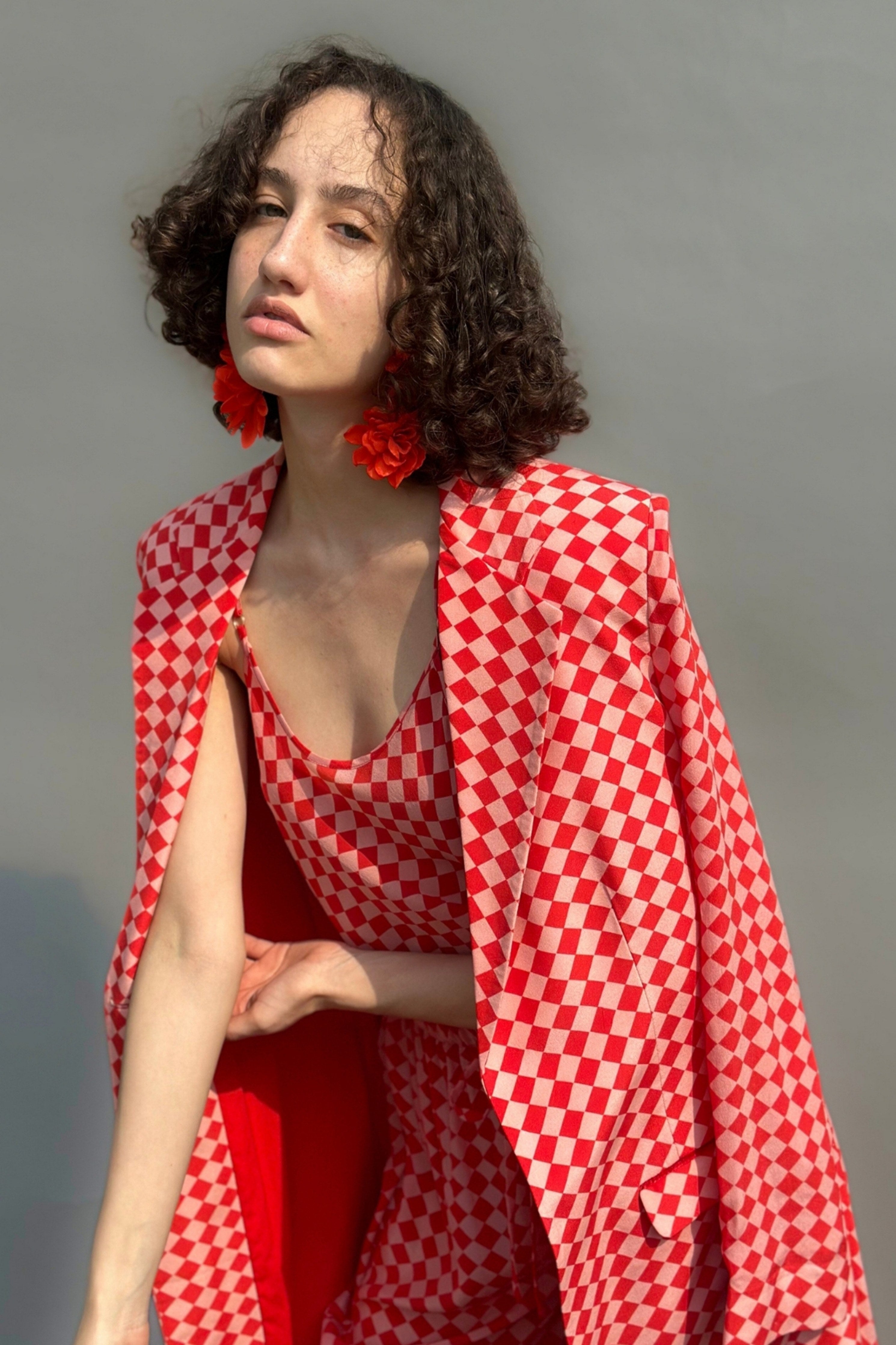 Pink & Red Check Print Trench With Camisole & Balloon Pants