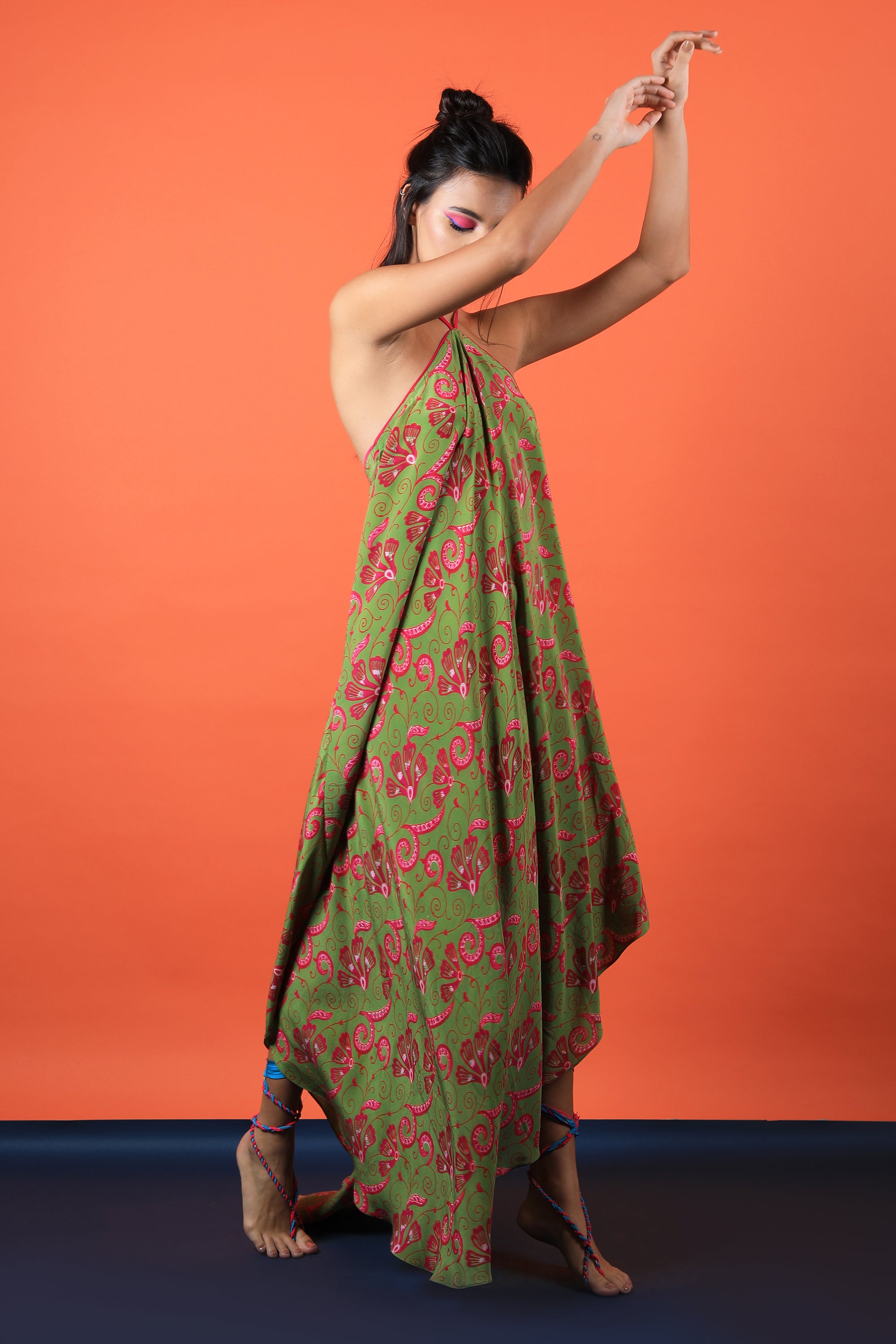 Olive & Fuchsia Floral Print Bias Maxi Dress With Halter Strings Tie Up