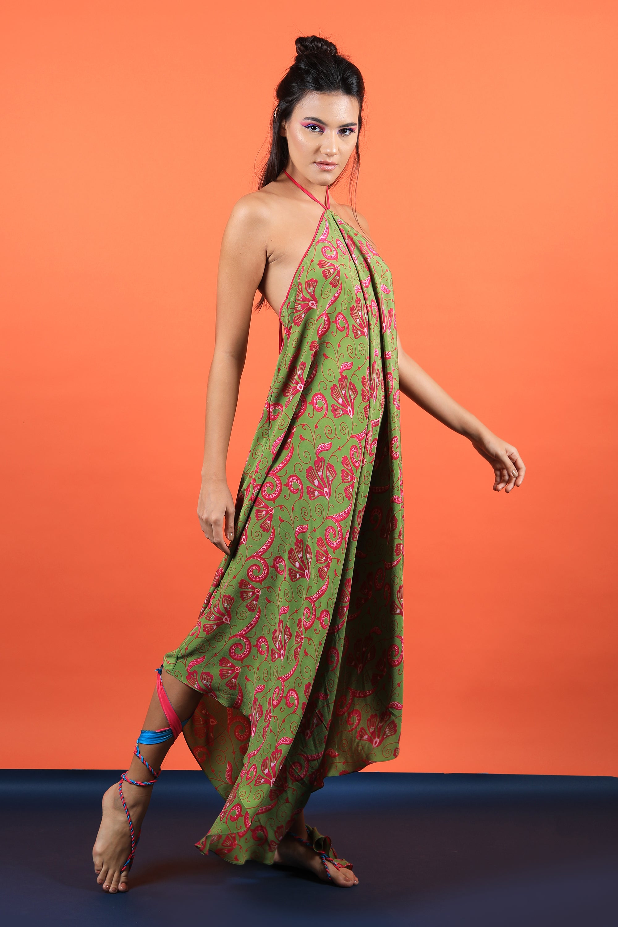 Olive & Fuchsia Floral Print Bias Maxi Dress With Halter Strings Tie Up