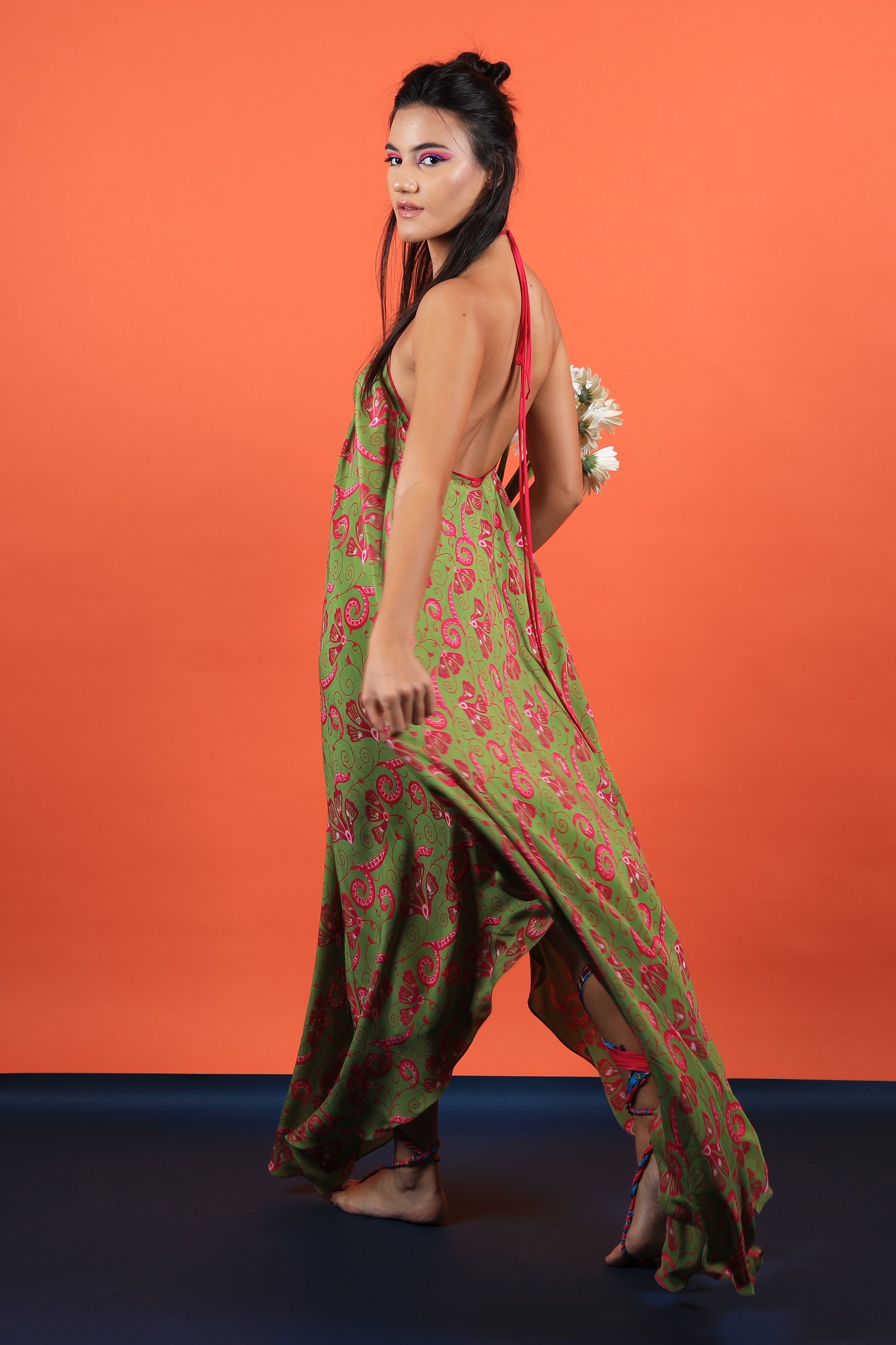 Olive & Fuchsia Floral Print Bias Maxi Dress With Halter Strings Tie Up