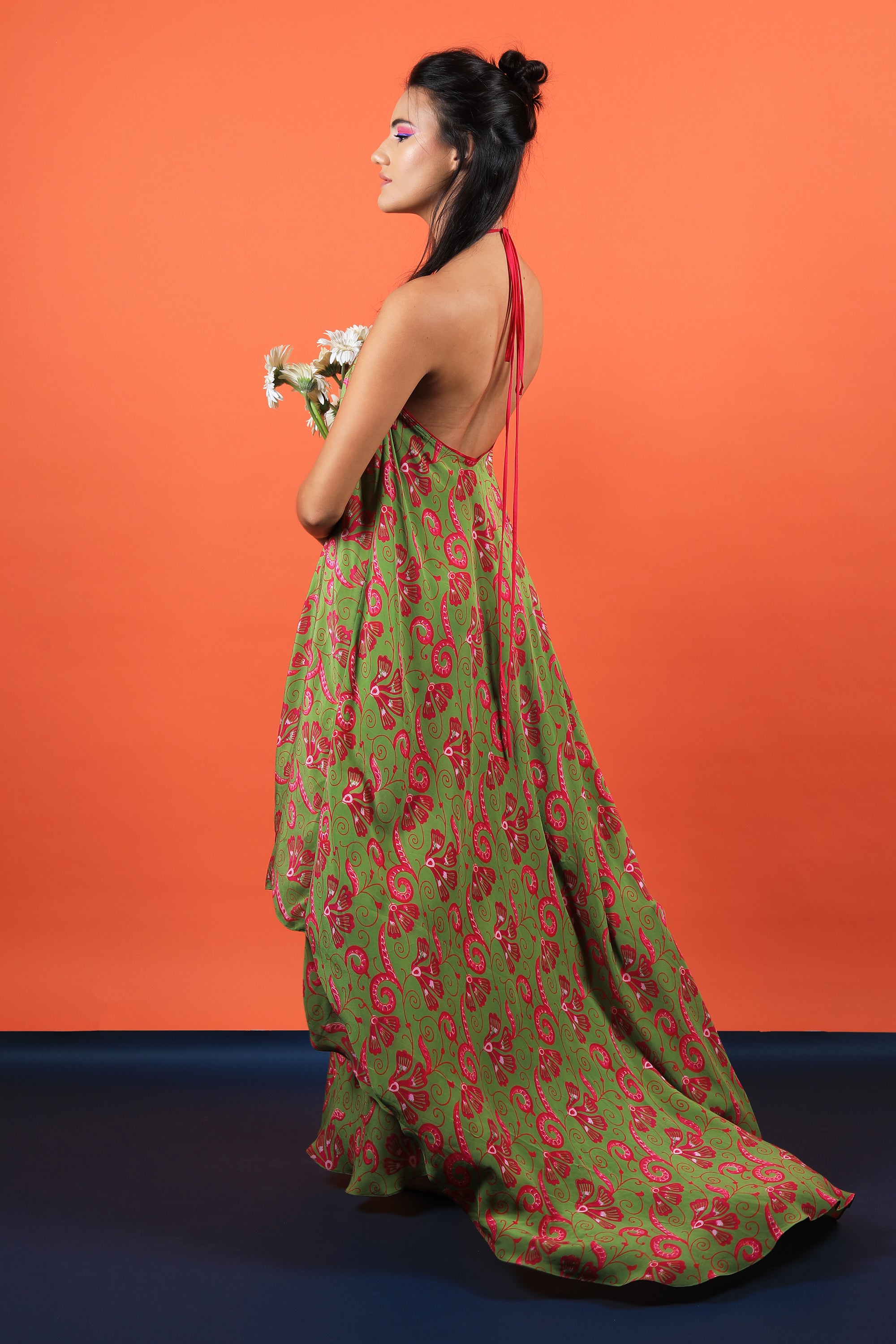 Olive & Fuchsia Floral Print Bias Maxi Dress With Halter Strings Tie Up