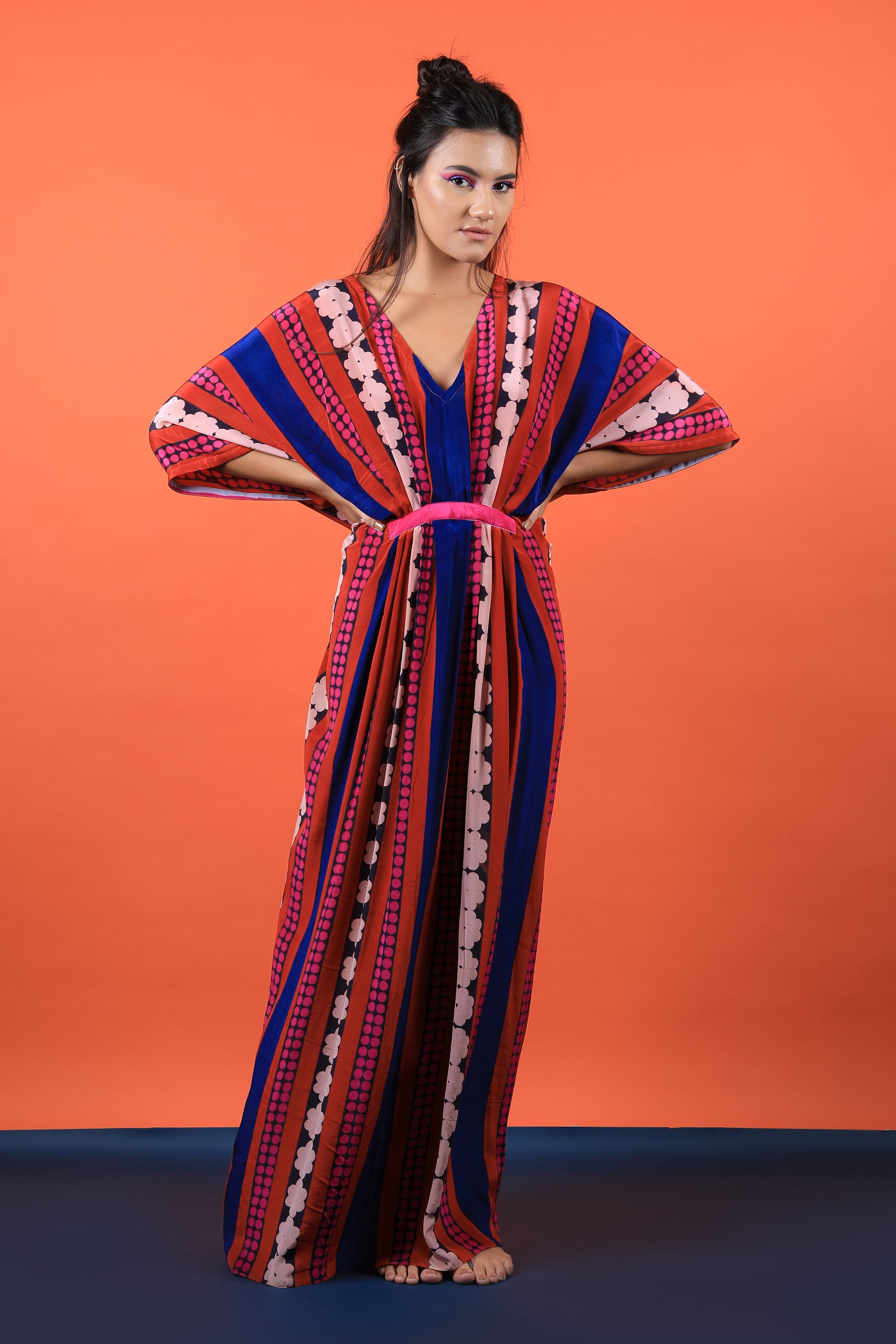 Red & Fuchsia V Neck Kaftan Dress