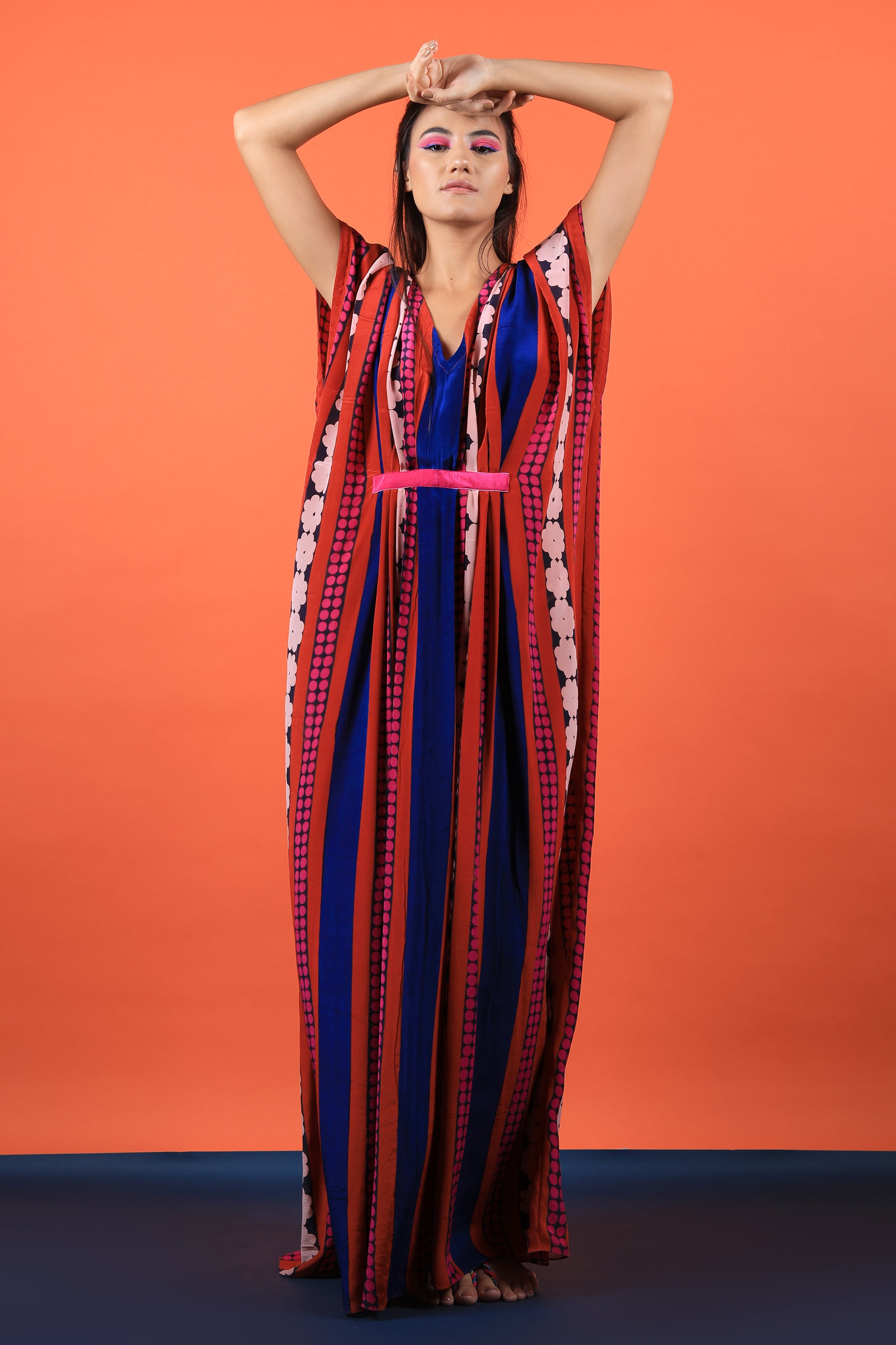 Red & Fuchsia V Neck Kaftan Dress