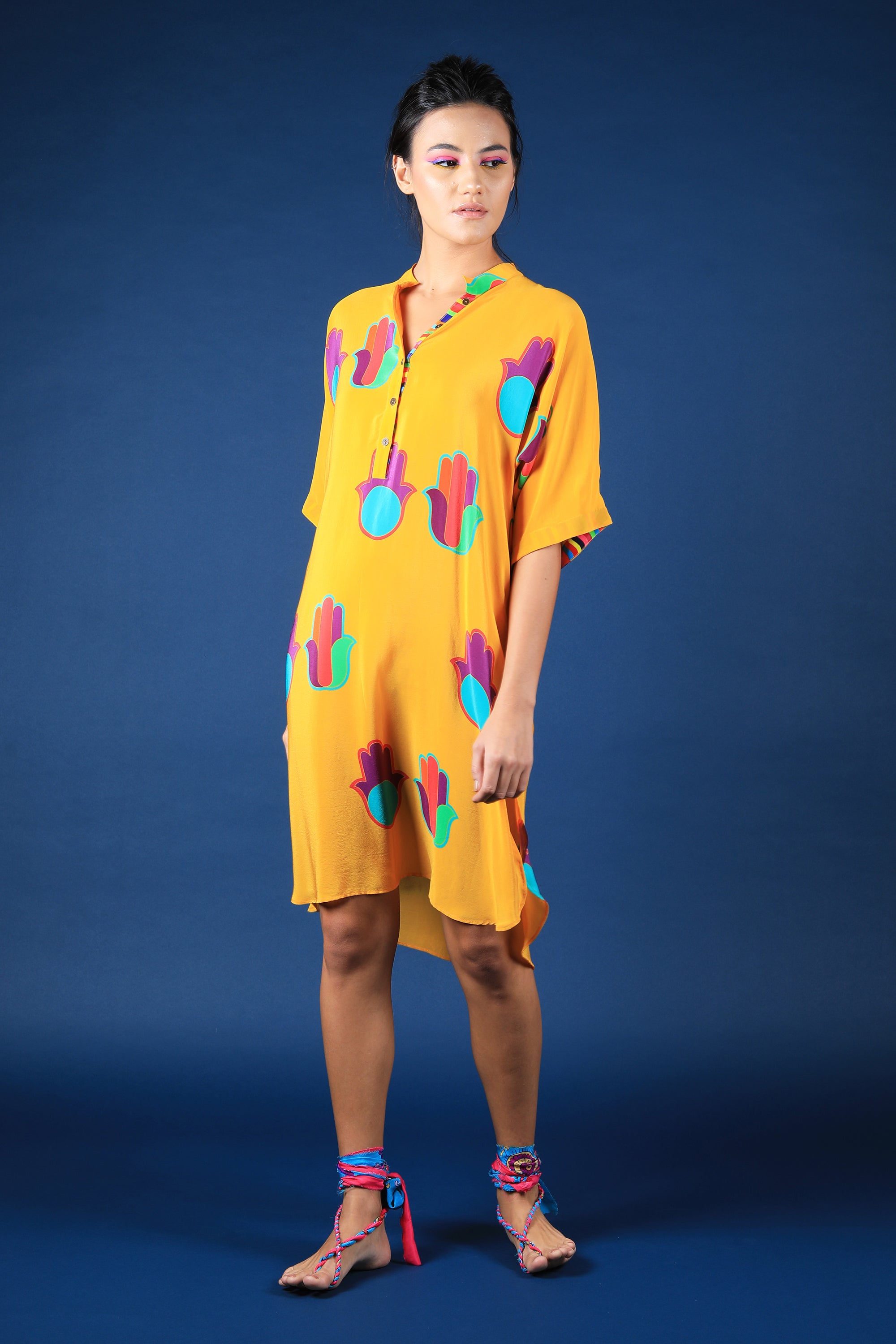 Mustard Hamsa Print Shift Shirt Dress