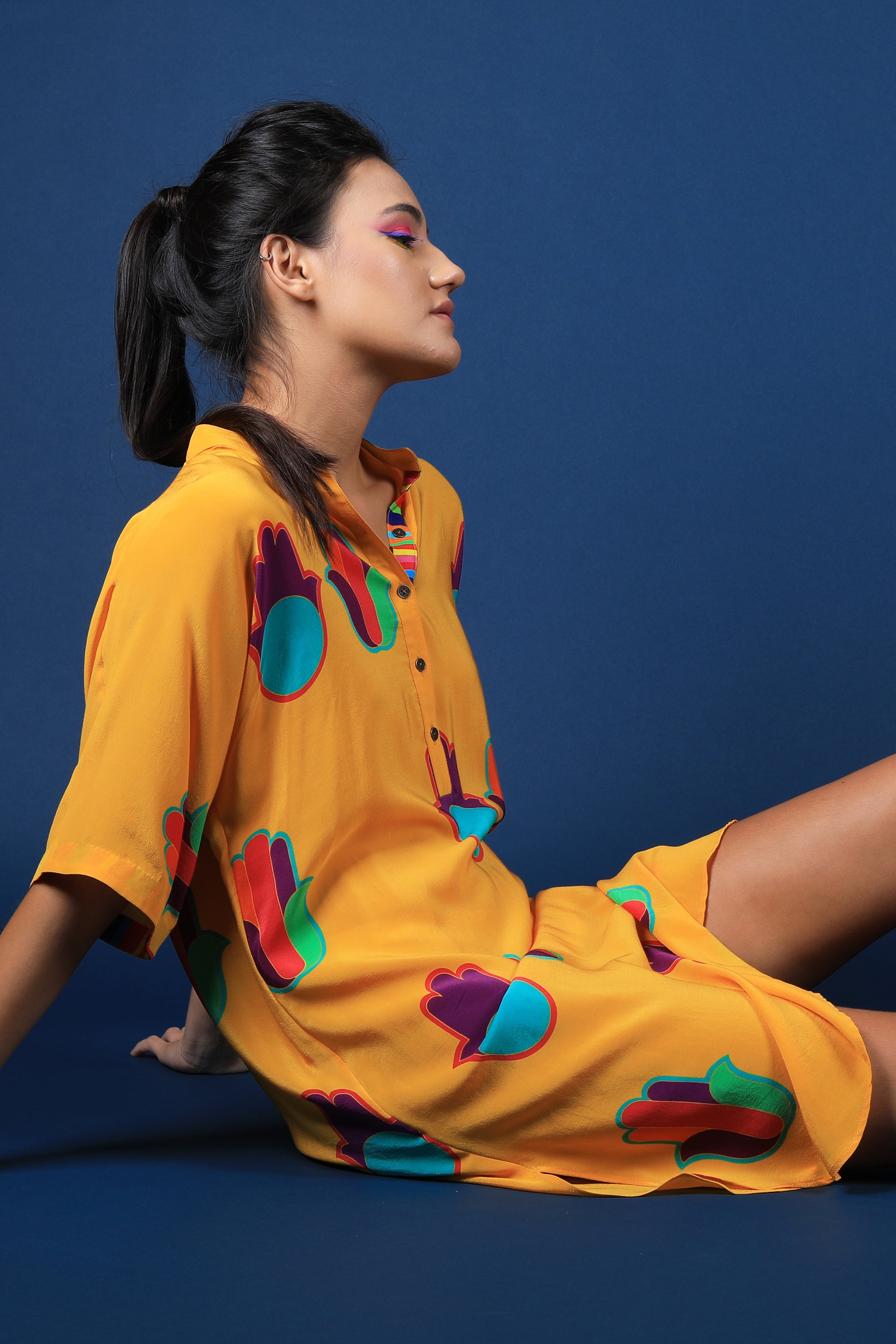 Mustard Hamsa Print Shift Shirt Dress