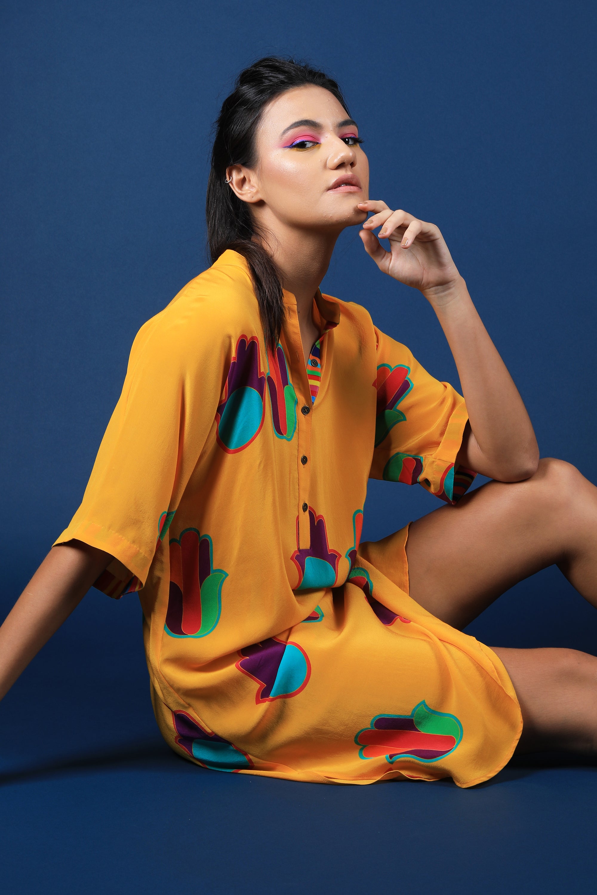 Mustard Hamsa Print Shift Shirt Dress