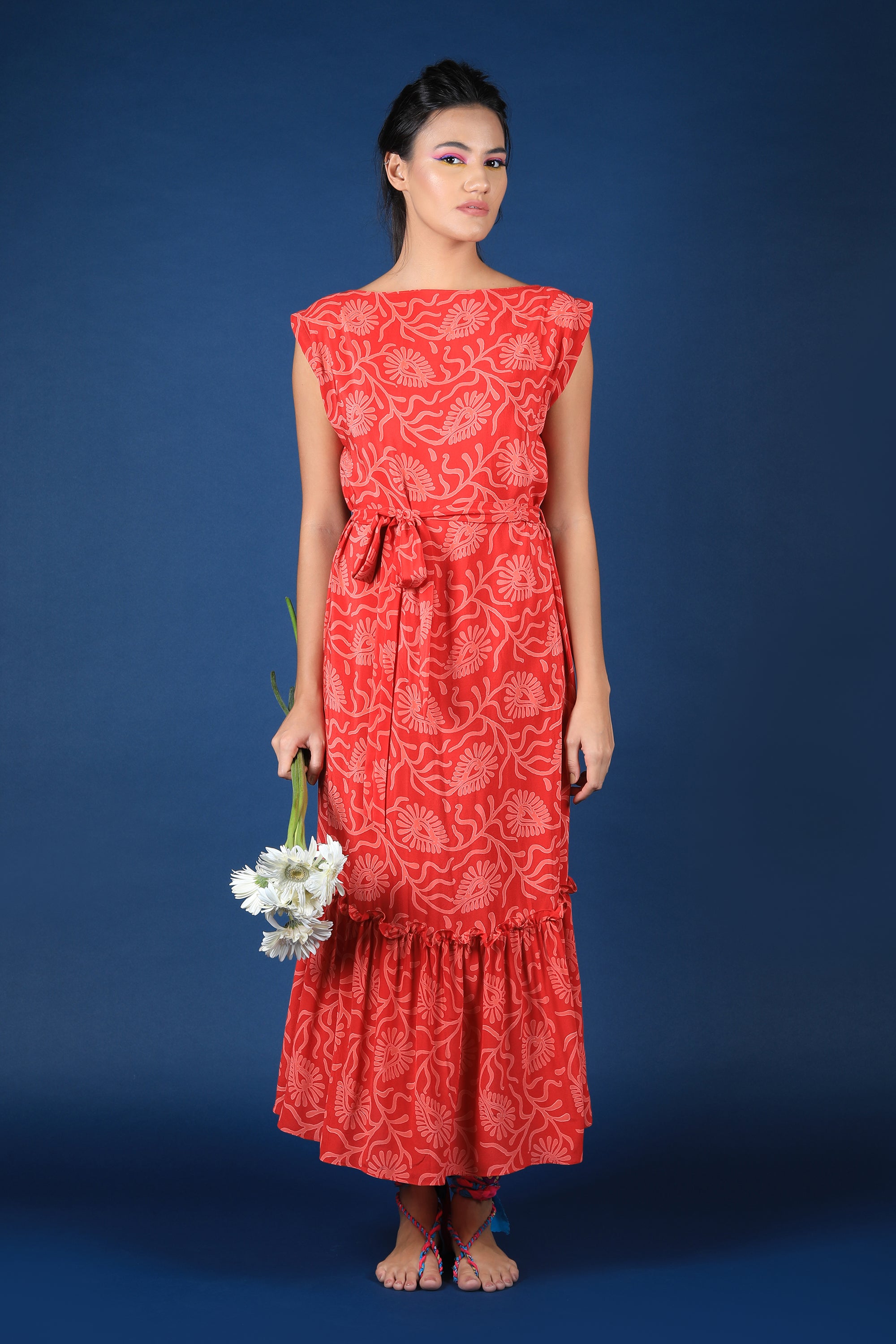 Red & Pink Boat Neck Free Size Dress With Ruffle Hem