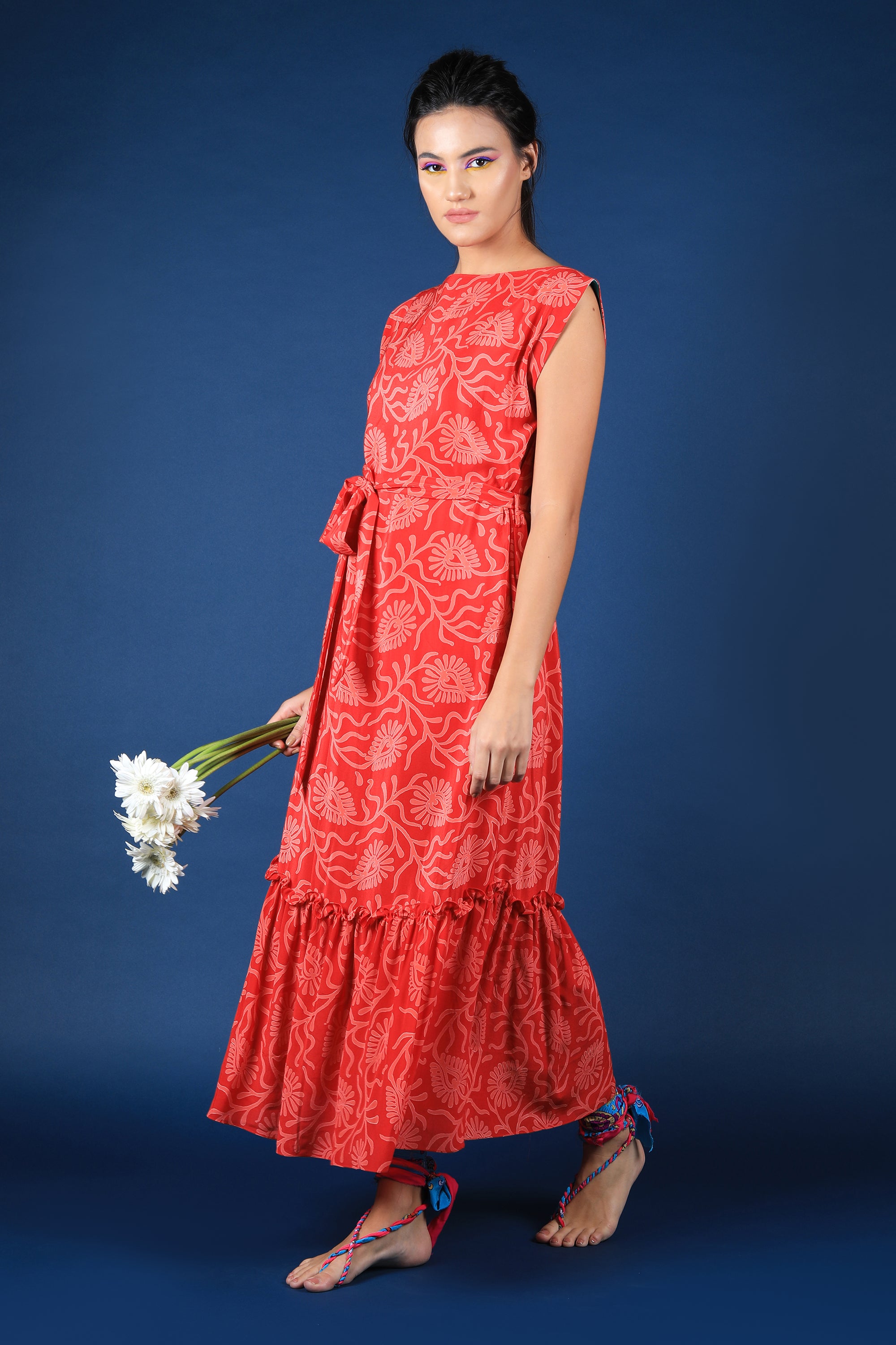 Red & Pink Boat Neck Free Size Dress With Ruffle Hem