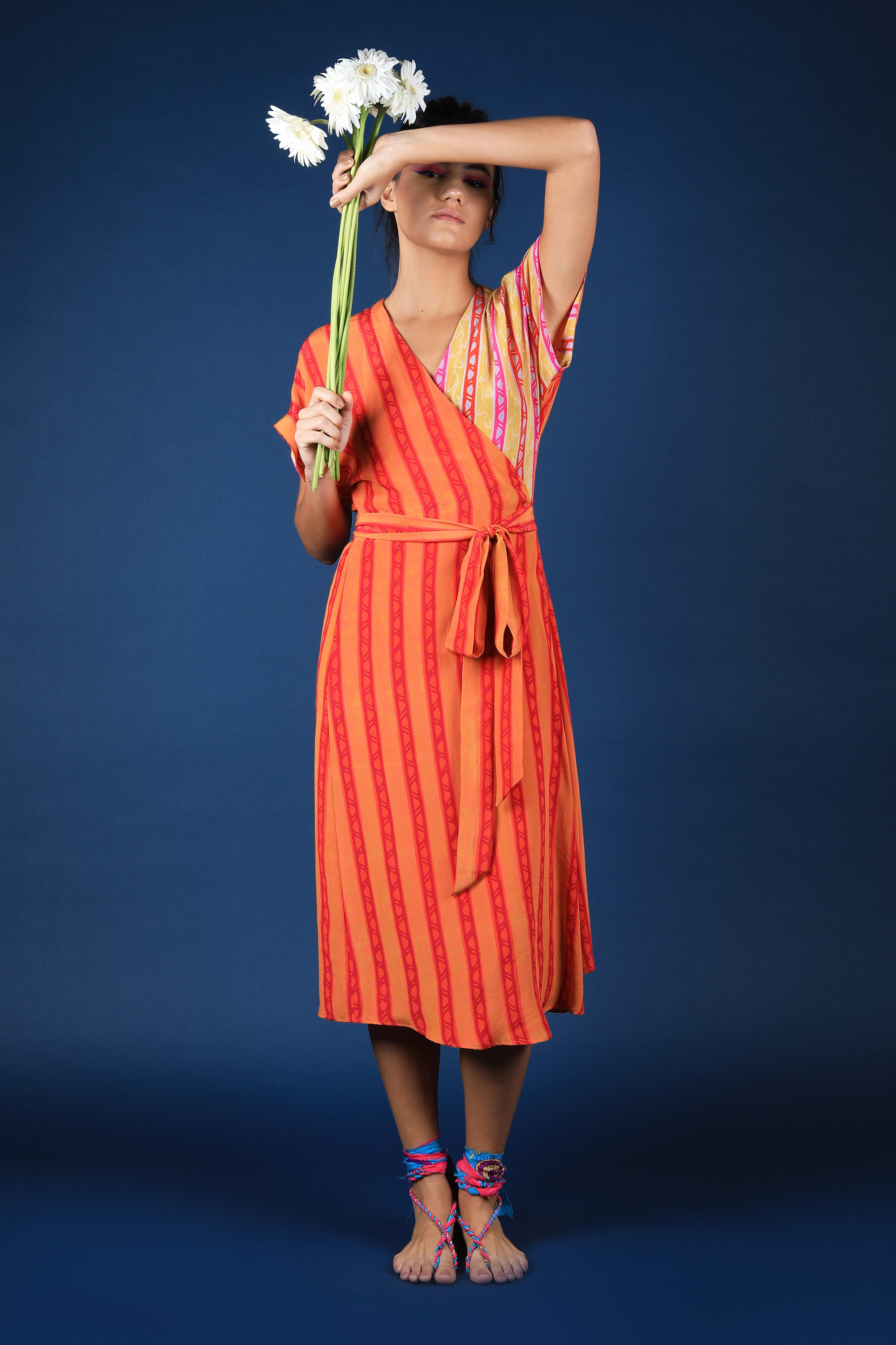 Orange Wrap Up Stripe Print Dress