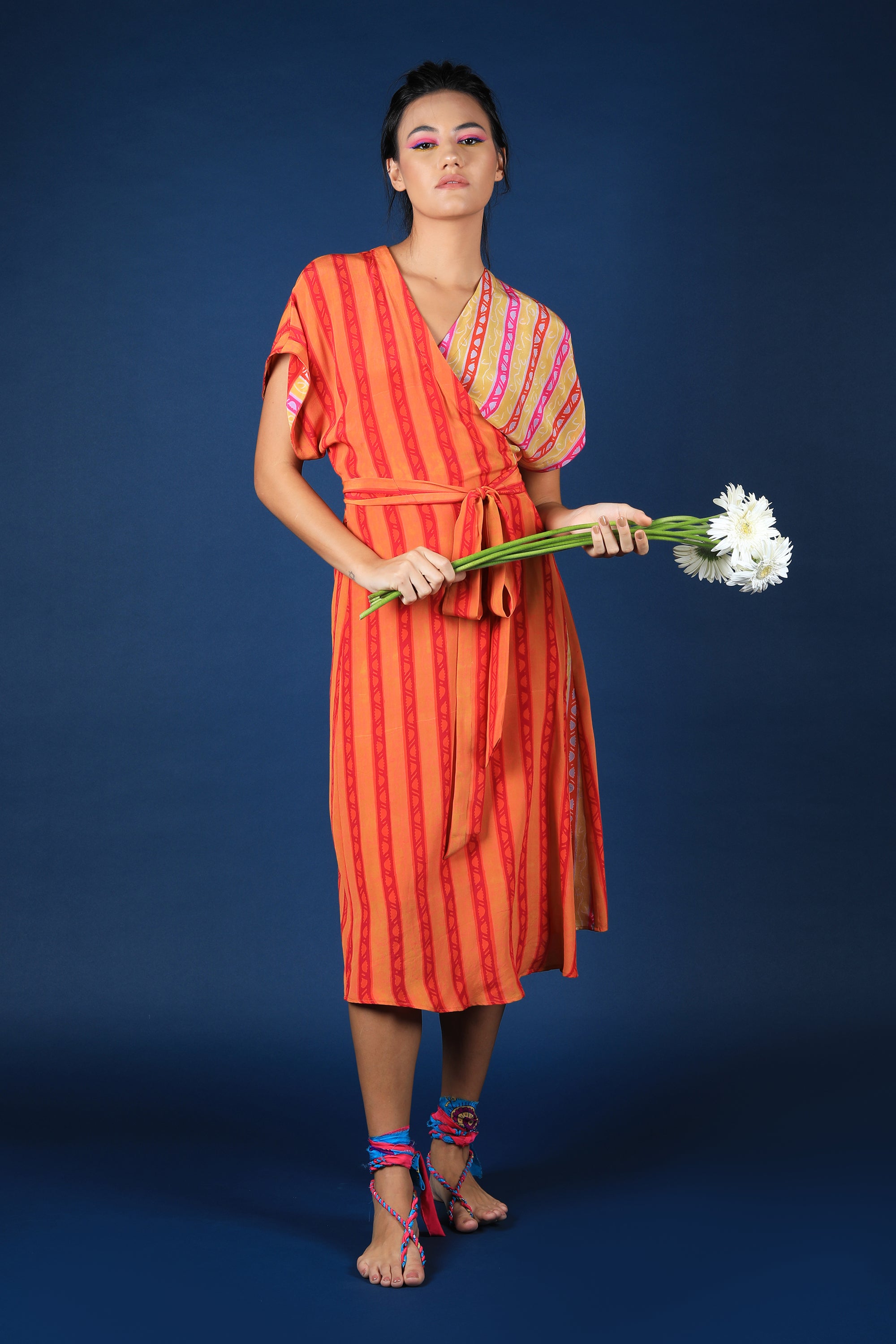 Orange Wrap Up Stripe Print Dress