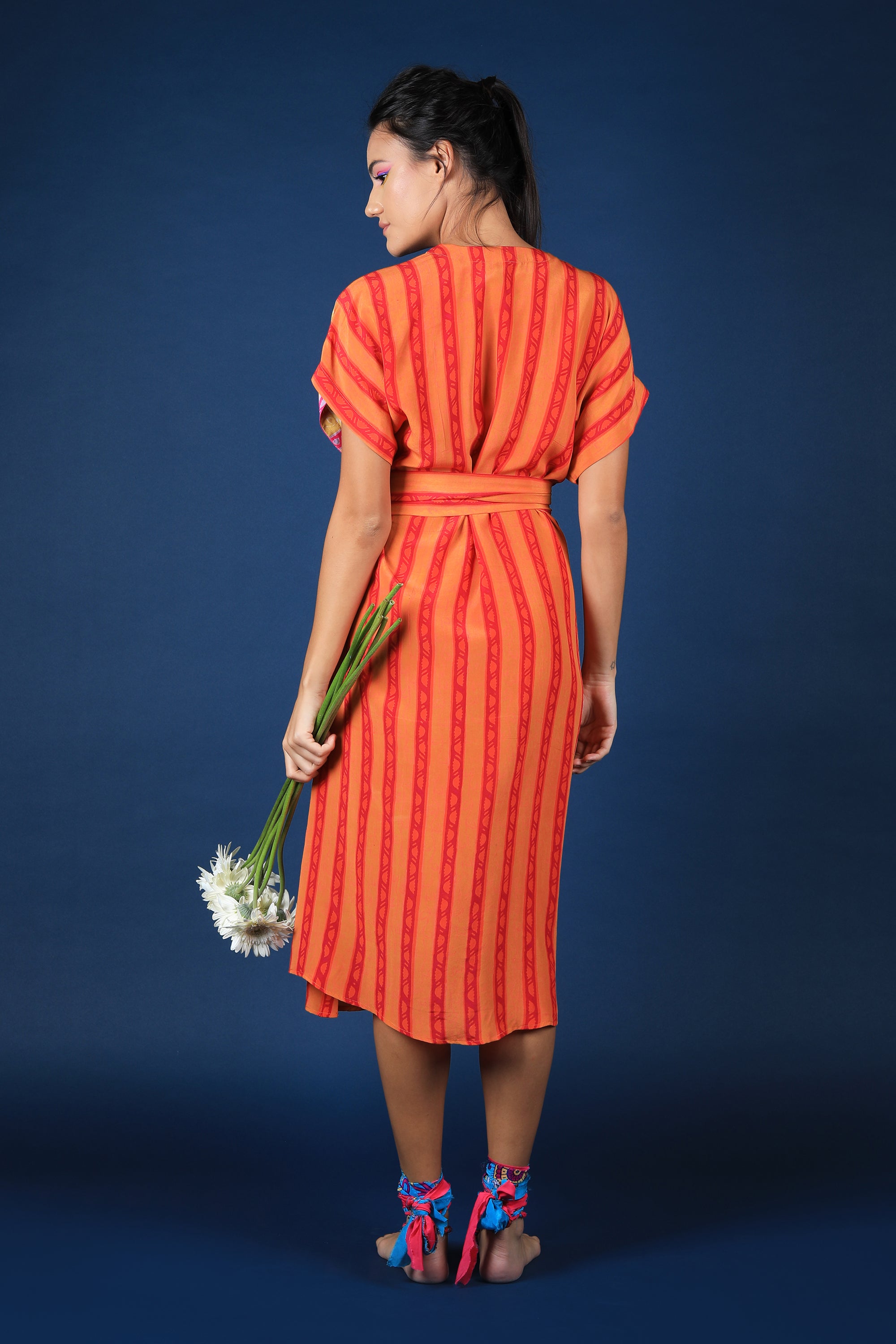 Orange Wrap Up Stripe Print Dress