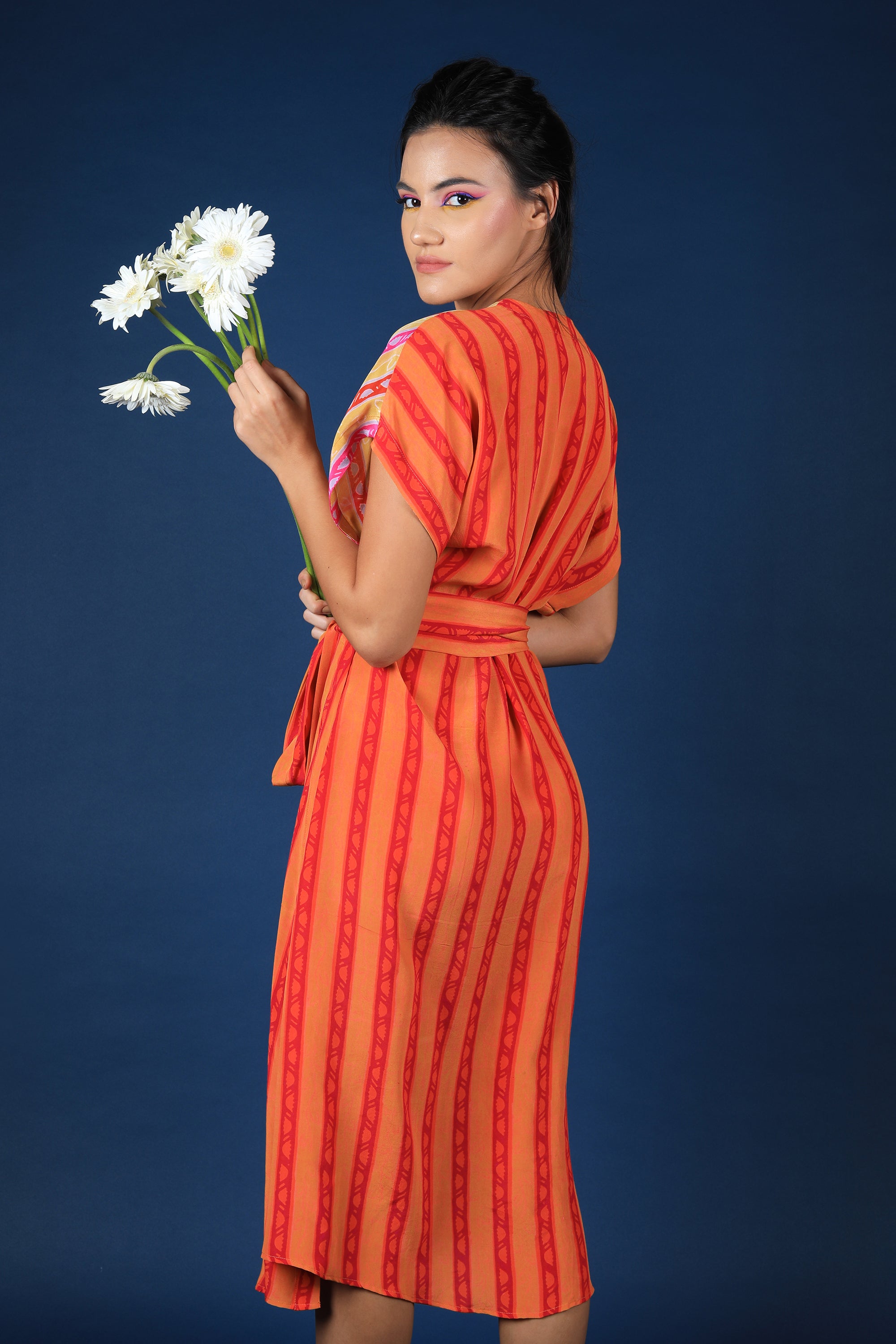 Orange Wrap Up Stripe Print Dress