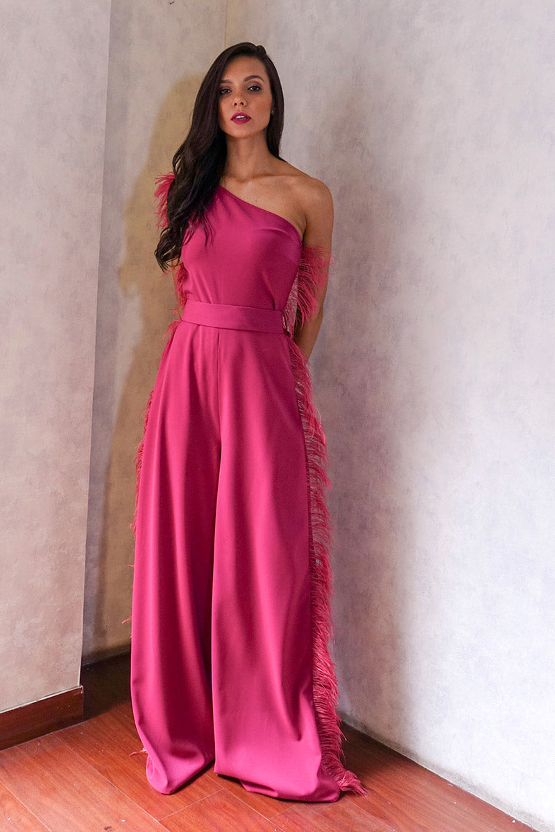 One Shoulder Jumpsuit With Feathers