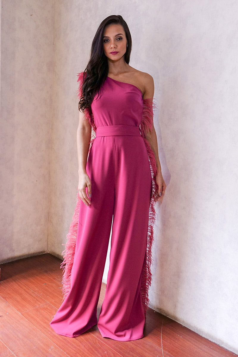 One Shoulder Jumpsuit With Feathers