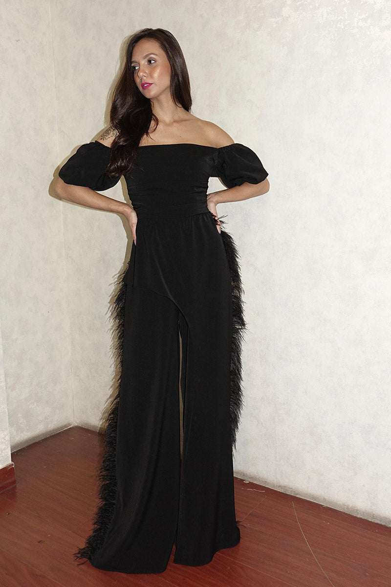 Off Shoulder Jumpsuit with Feathers