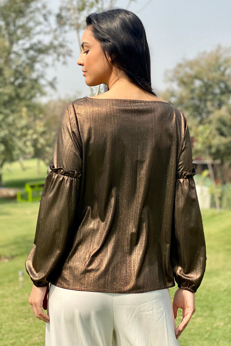 Bateau Neck Top with Textured Sleeves