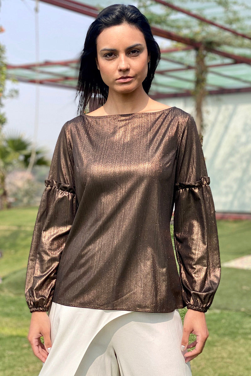 Bateau Neck Top with Textured Sleeves