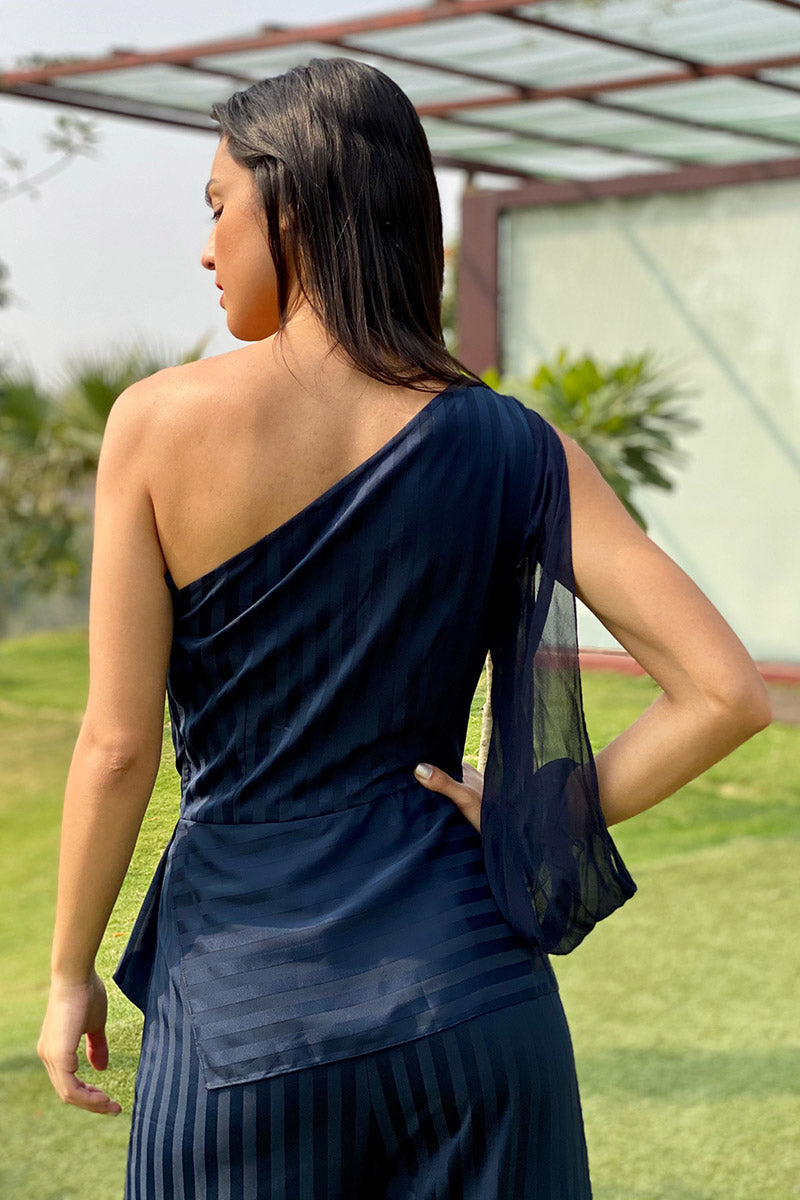 One Shoulder Striped Jumpsuit