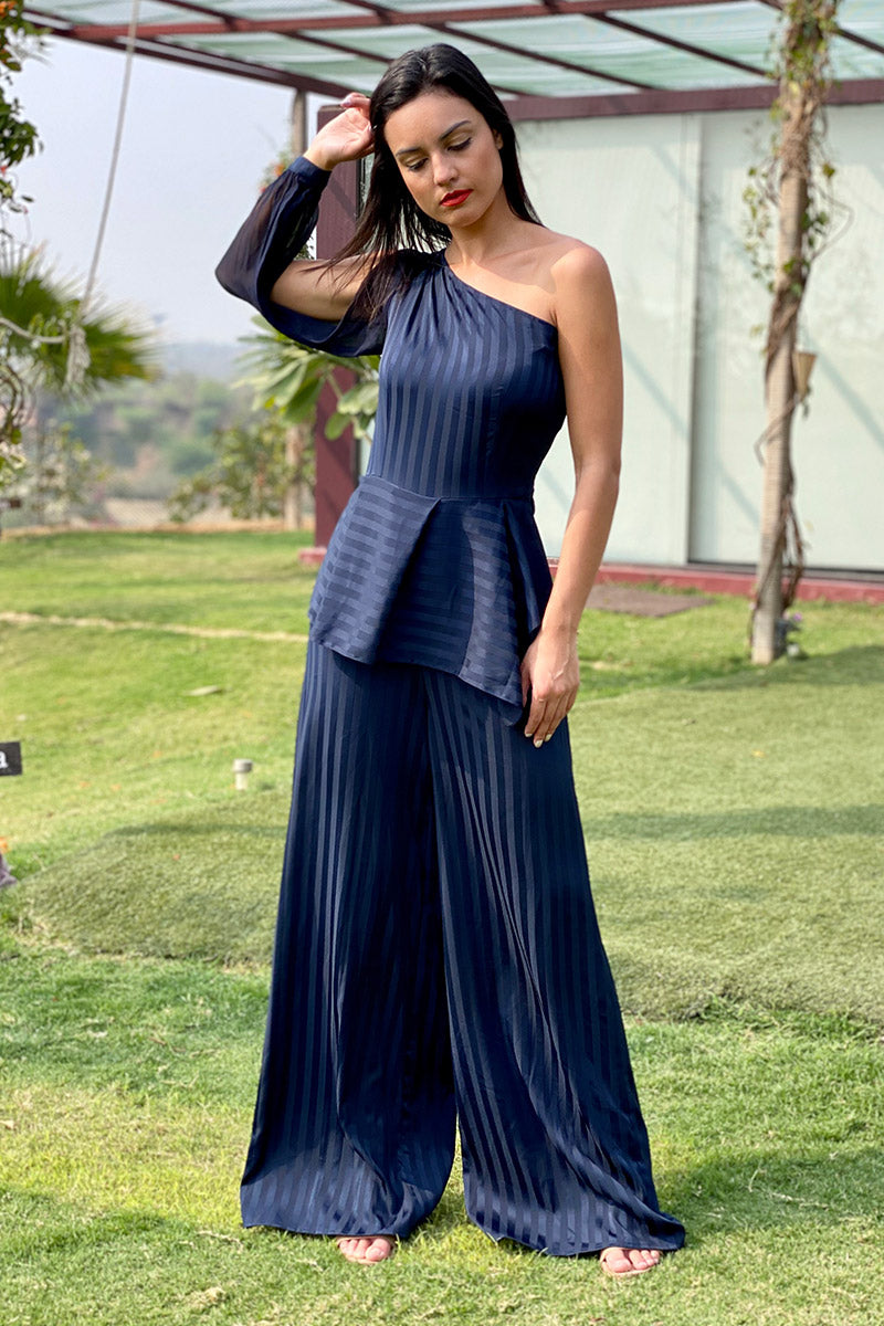 One Shoulder Striped Jumpsuit