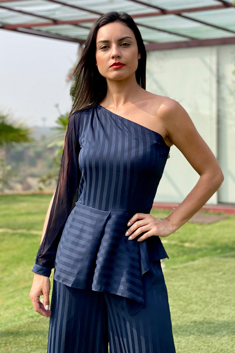 One Shoulder Striped Jumpsuit