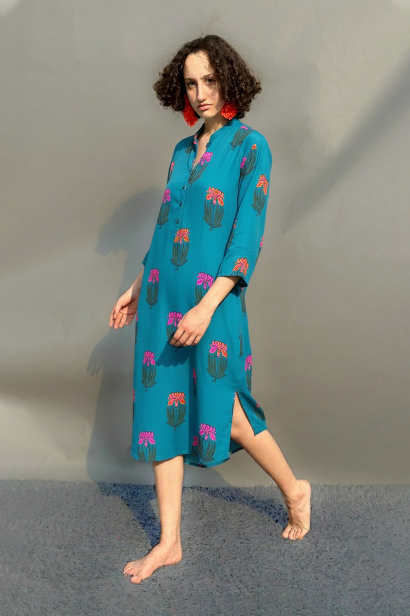 Teal Lotus Print Shirt Dress