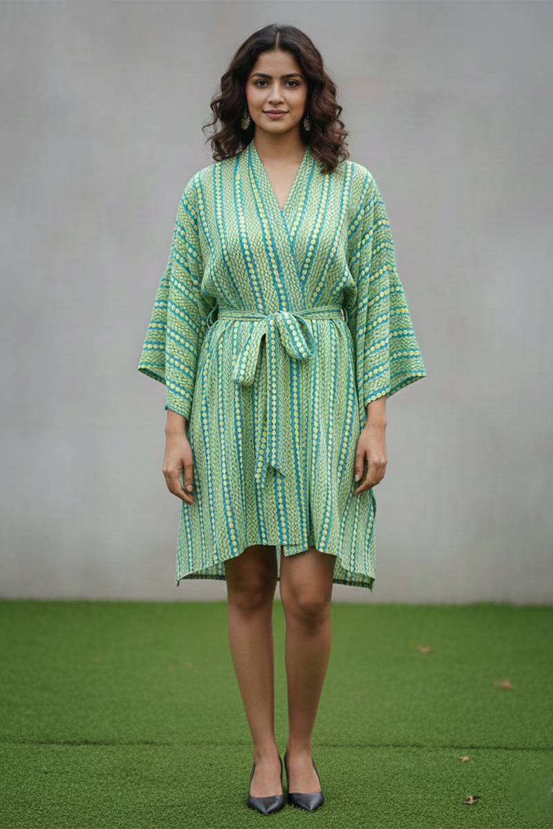 Wrap Up Dress With Flutter Sleeve & Belt