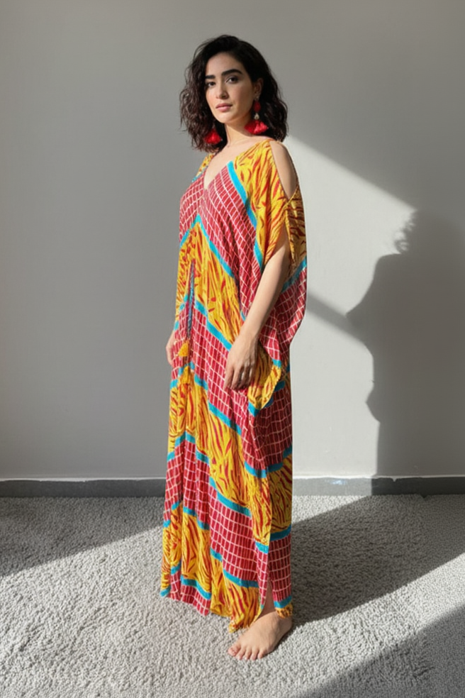 V Neck Panel Print Kaftan Dress