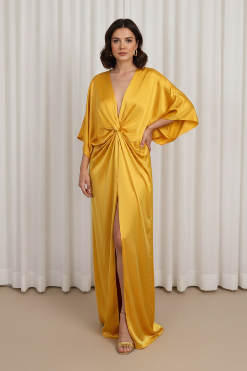 V Neck Knotted Maxi Dress With Slit