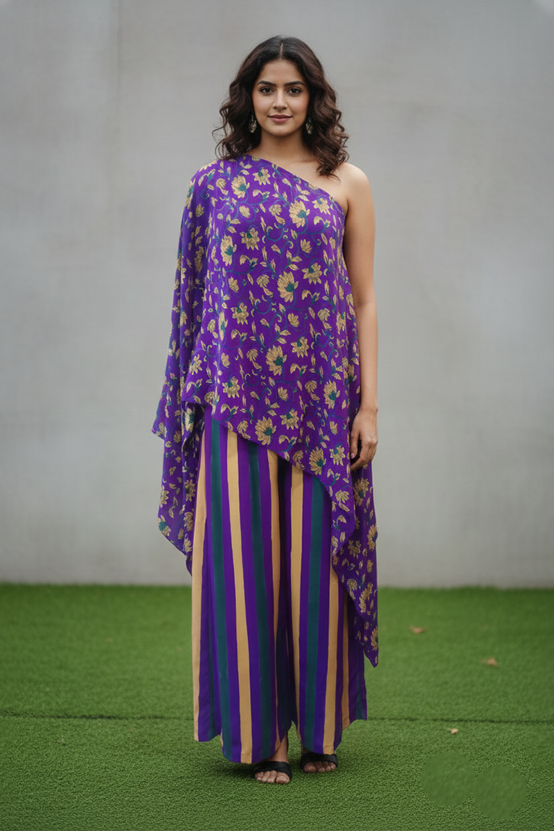 Purple One Shoulder Asym Top & Stripped Wide Legged Pants