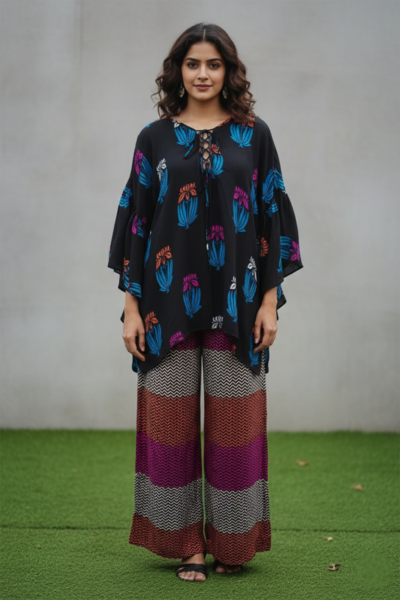 Block Print Kaftan Top 7 Stripped Wide Legged Pants
