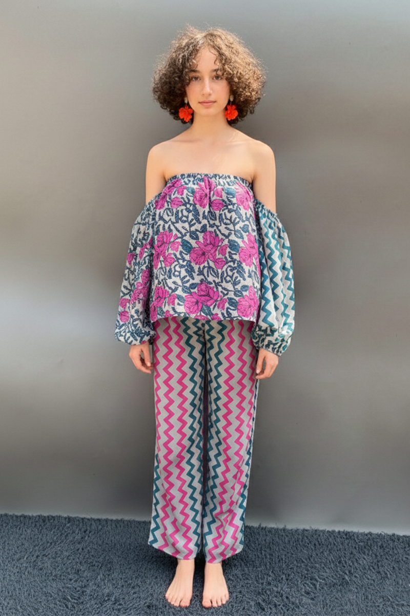 Off Shoulder Floral Top & Zig Zag Stripped Pants