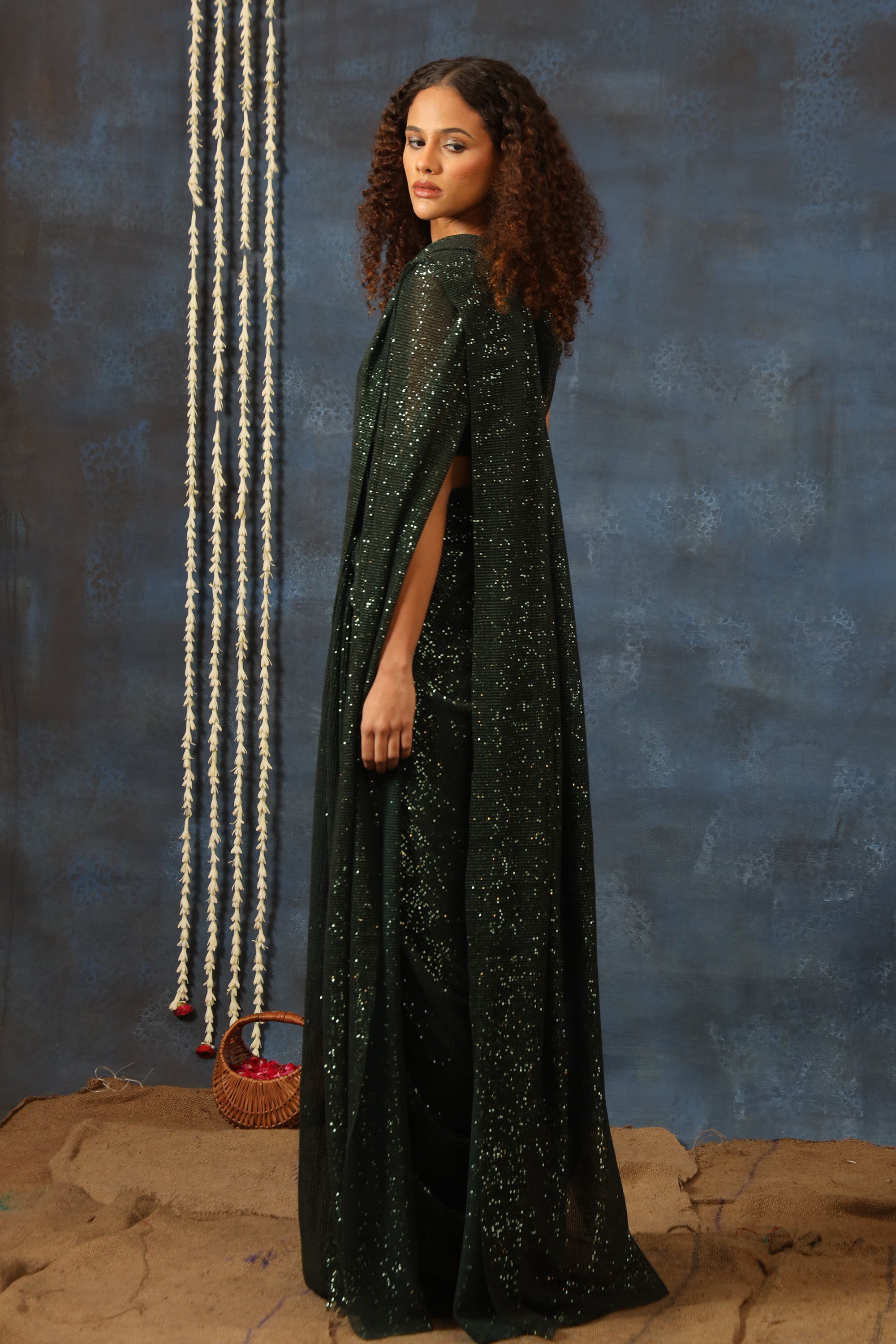 Sequins Saree With One Shoulder Drape Sleeve Blouse