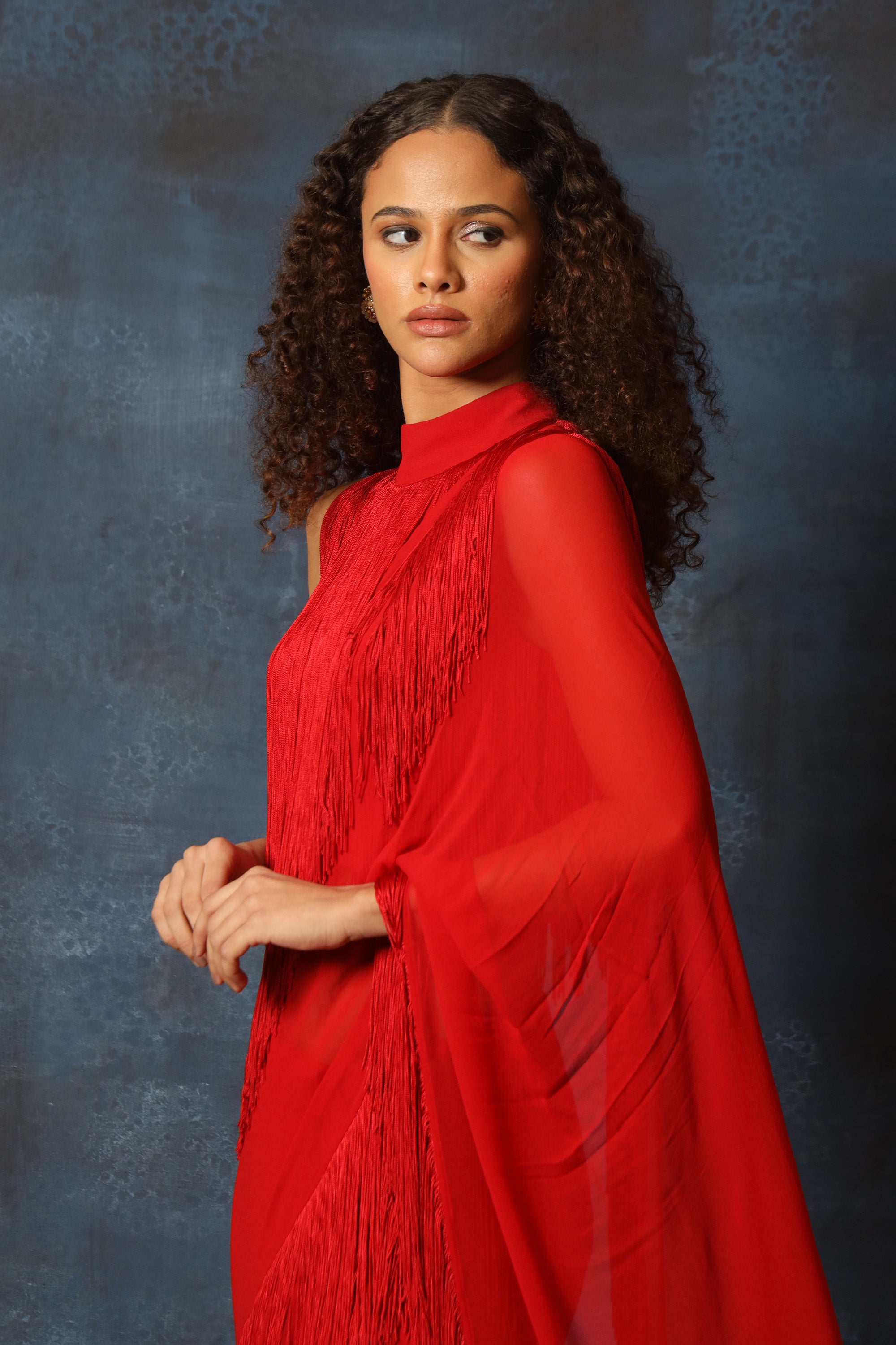 Red Halter Neck Blouse With Fringe Saree