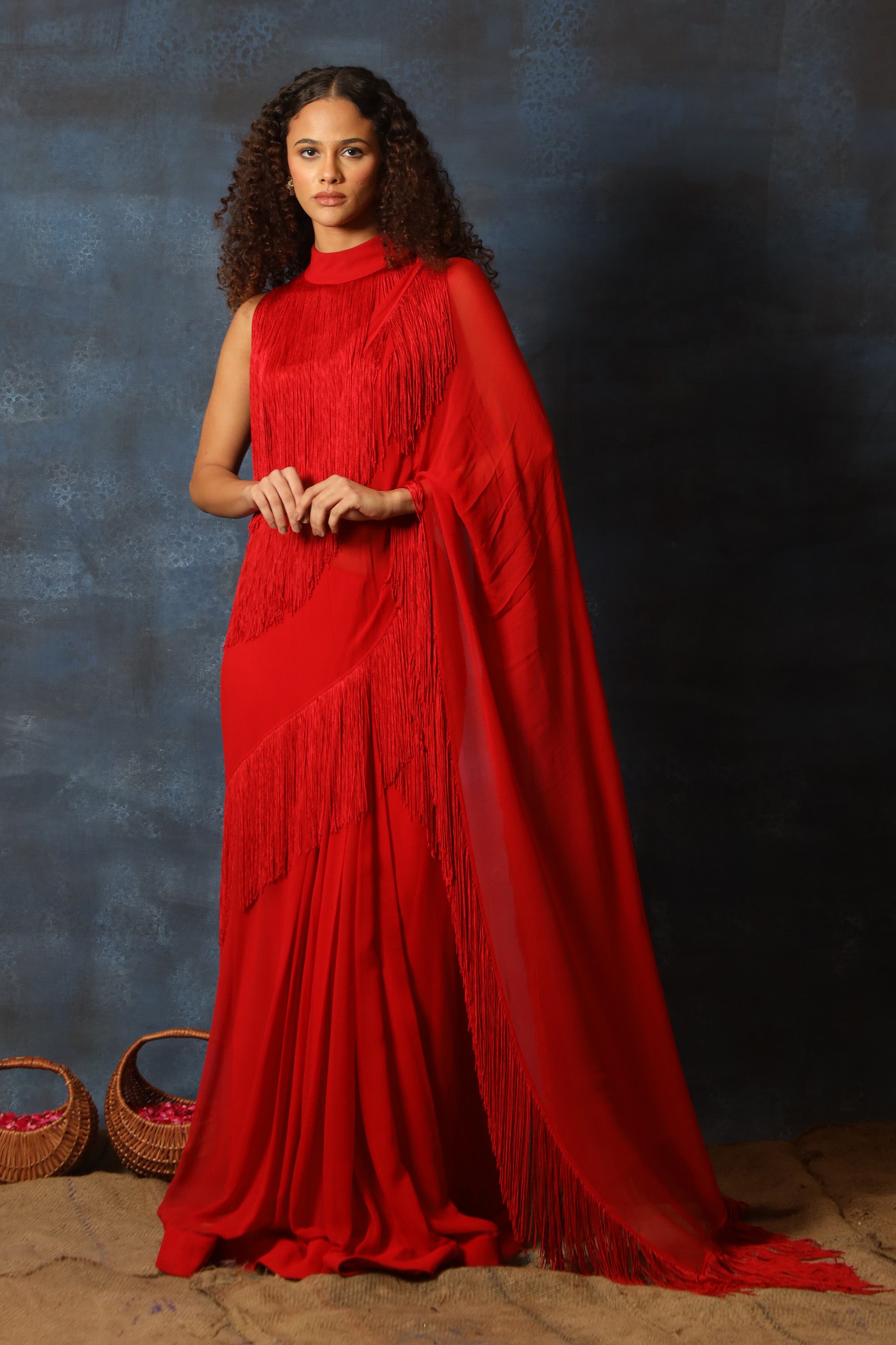 Red Halter Neck Blouse With Fringe Saree