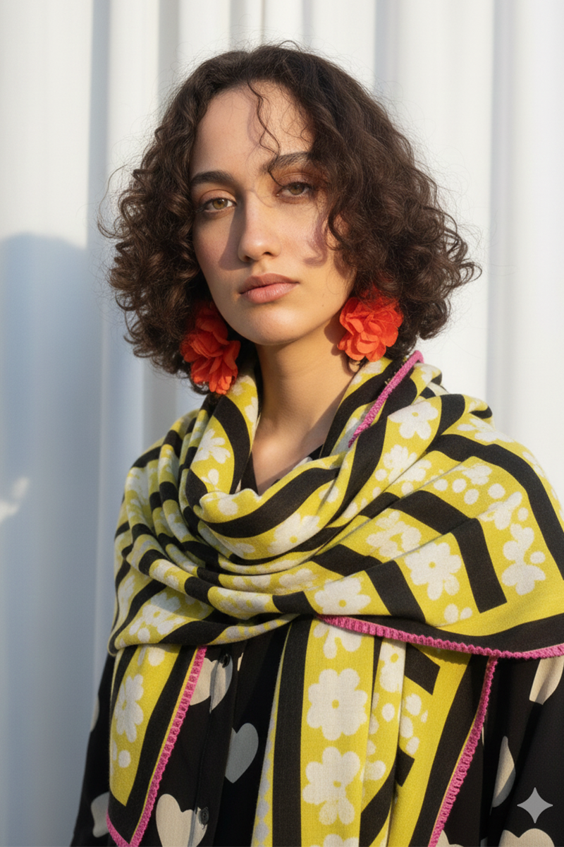 Lime Stripped Beige Floral Print Scarf