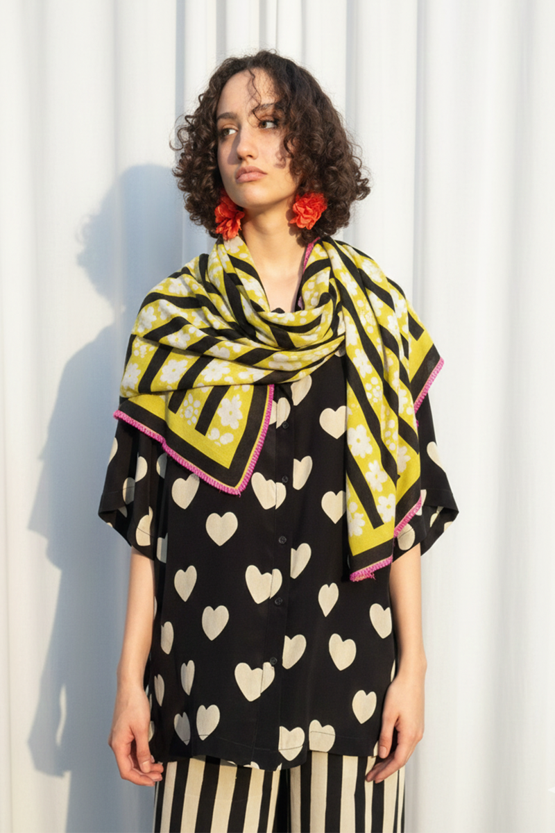 Lime Stripped Beige Floral Print Scarf